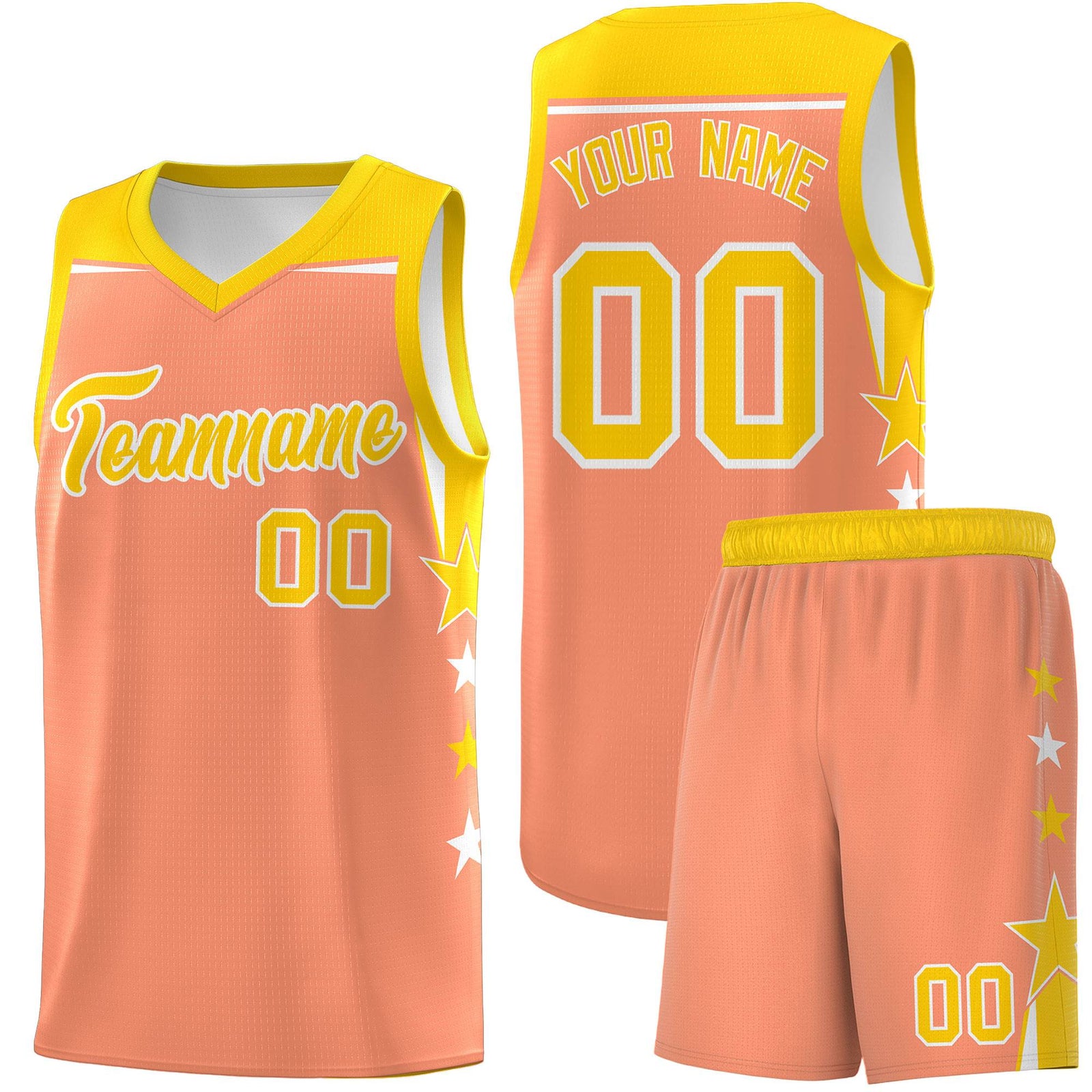 Custom Youth Basketball Uniform Light Orange Gold Two Tone Side Star Personalized Team Jersey