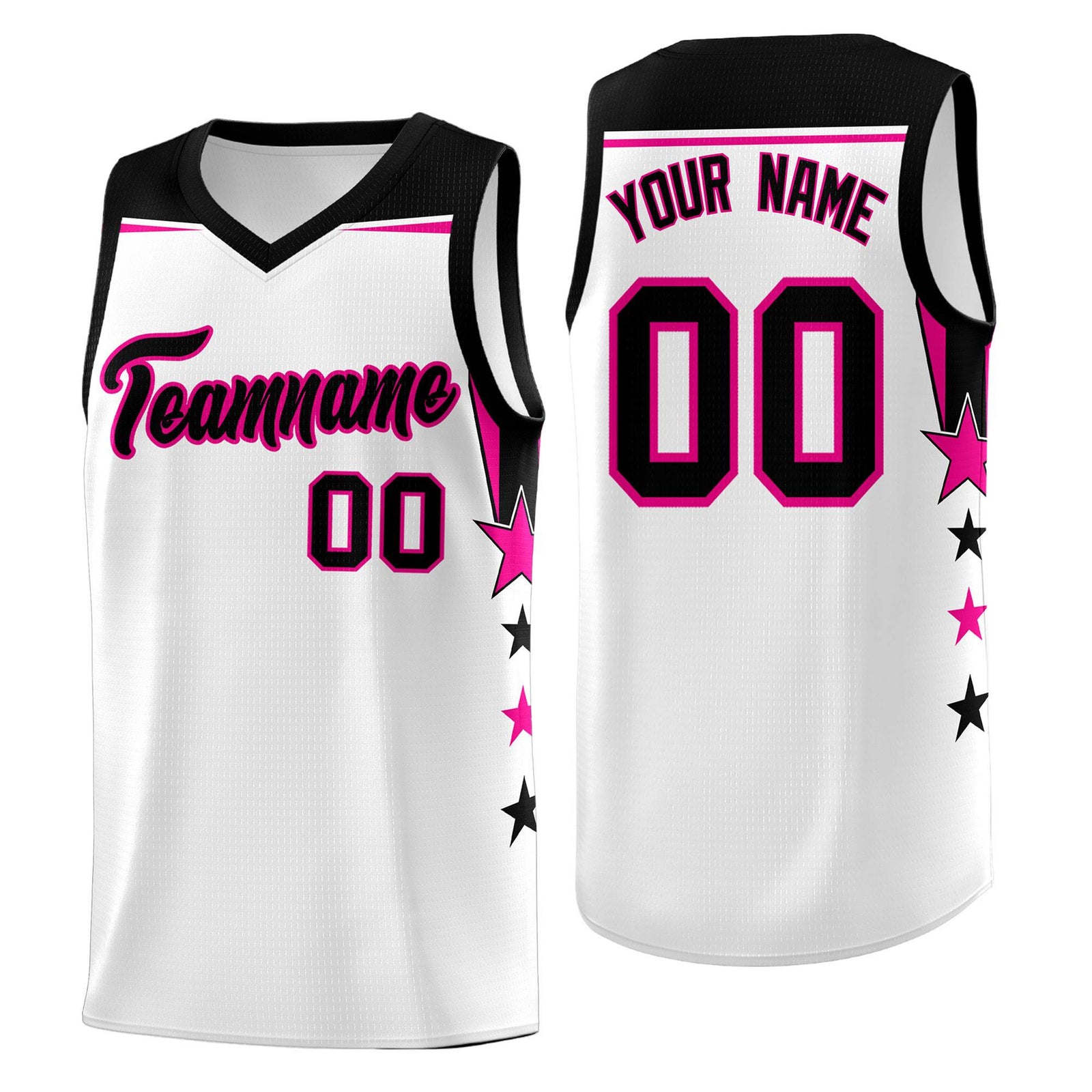 Custom Youth Basketball Uniform White Black Two Tone Side Star Add Name Number & Logo