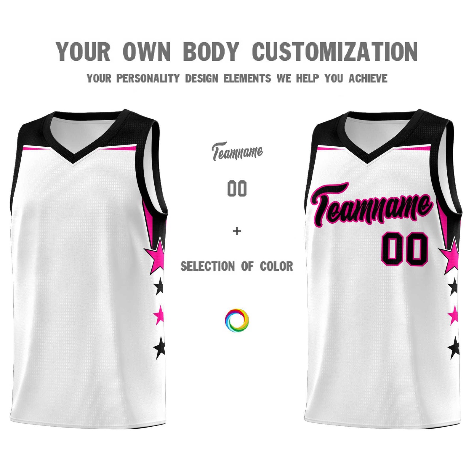Custom Youth Basketball Uniform White Black Two Tone Side Star Add Name Number & Logo