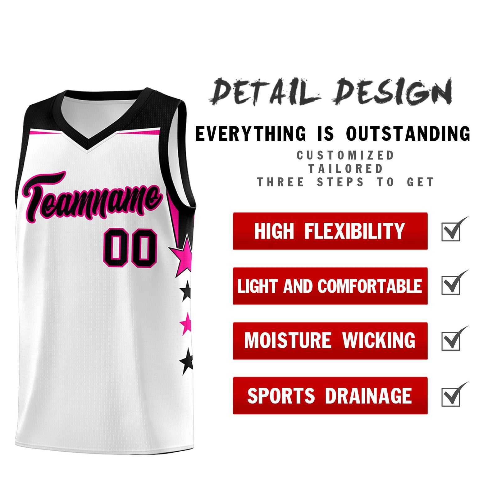 Custom Youth Basketball Uniform White Black Two Tone Side Star Add Name Number & Logo