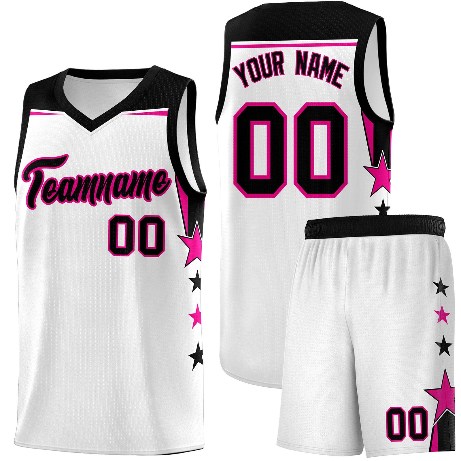 Custom Youth Basketball Uniform White Black Two Tone Side Star Add Name Number & Logo