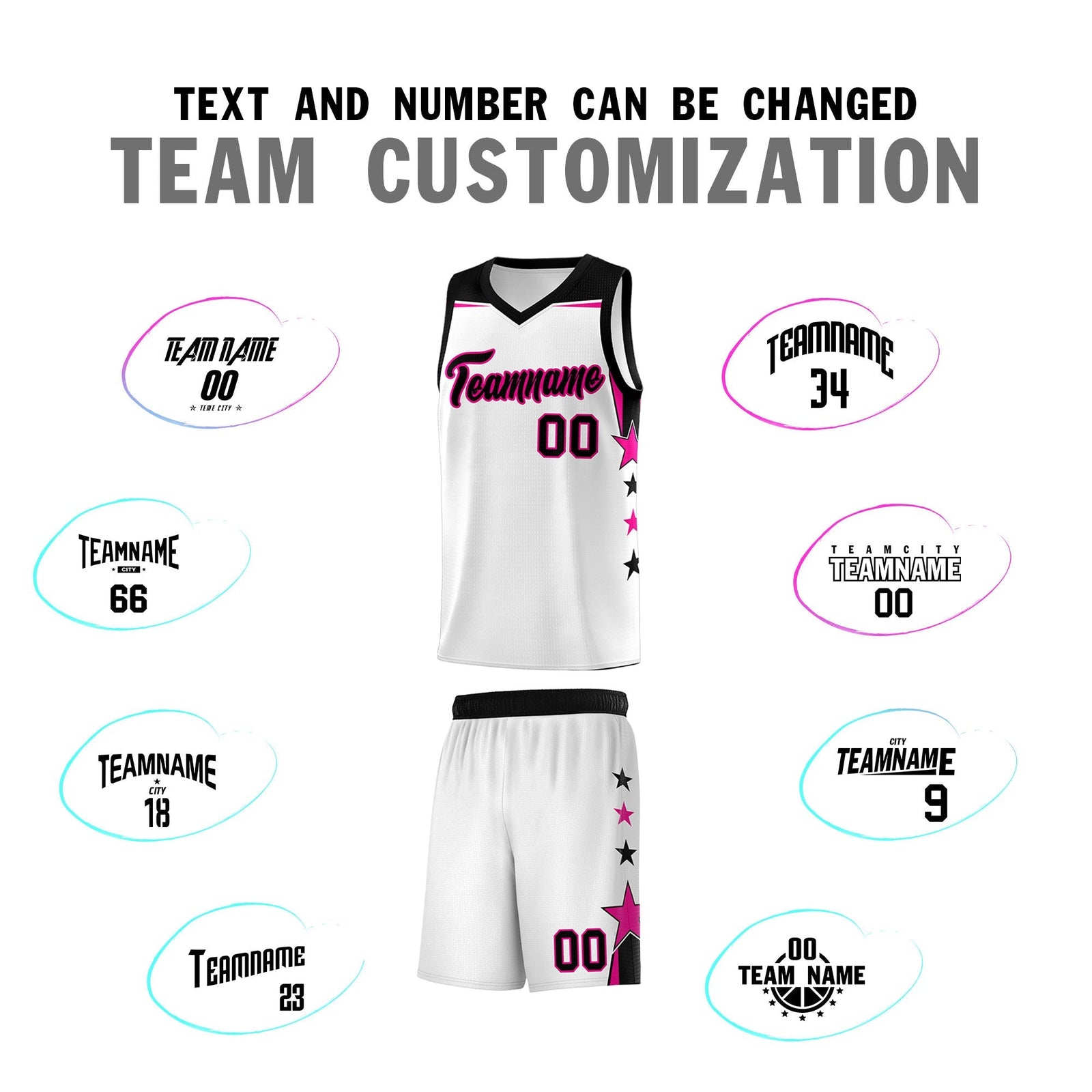 Custom Youth Basketball Uniform White Black Two Tone Side Star Add Name Number & Logo