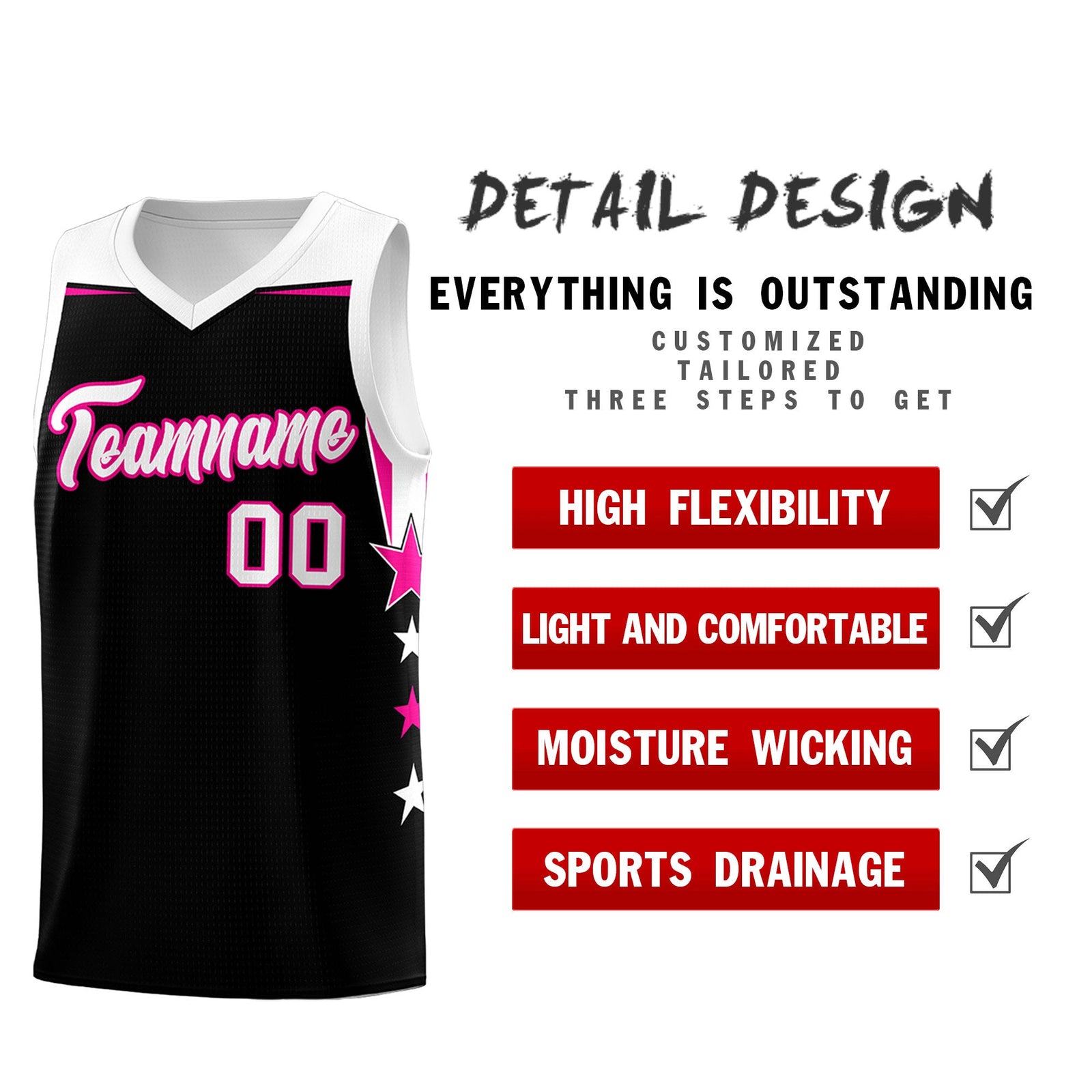 Custom Youth Basketball Uniform Black White Two Tone Side Star Personalized Team Jersey