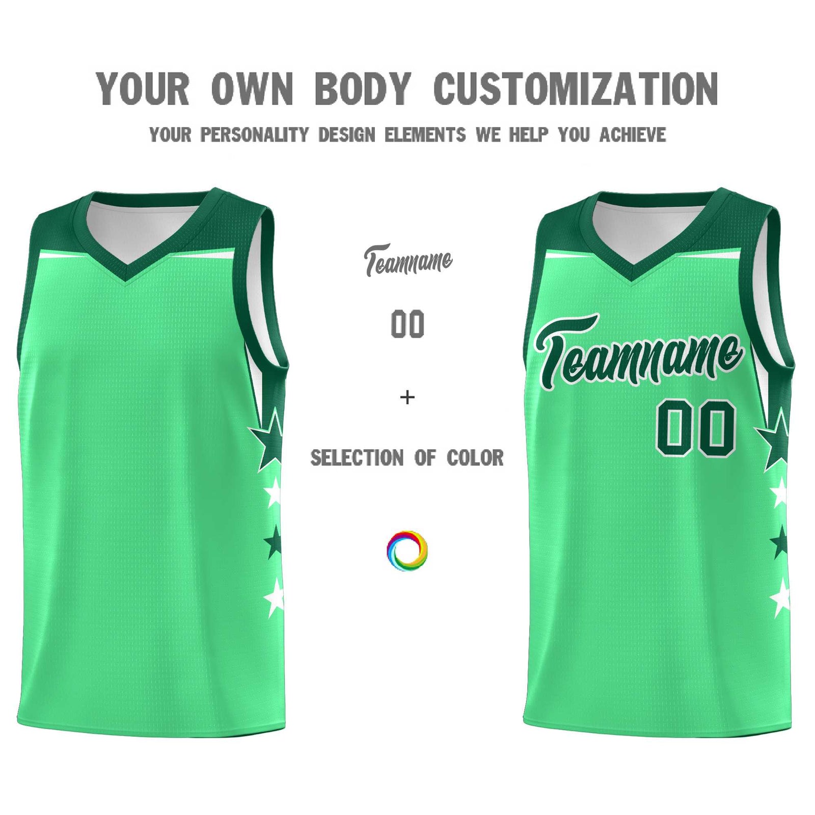 Custom Youth Basketball Uniform Green Kelly Green Two Tone Side Star Color Block Team Jersey