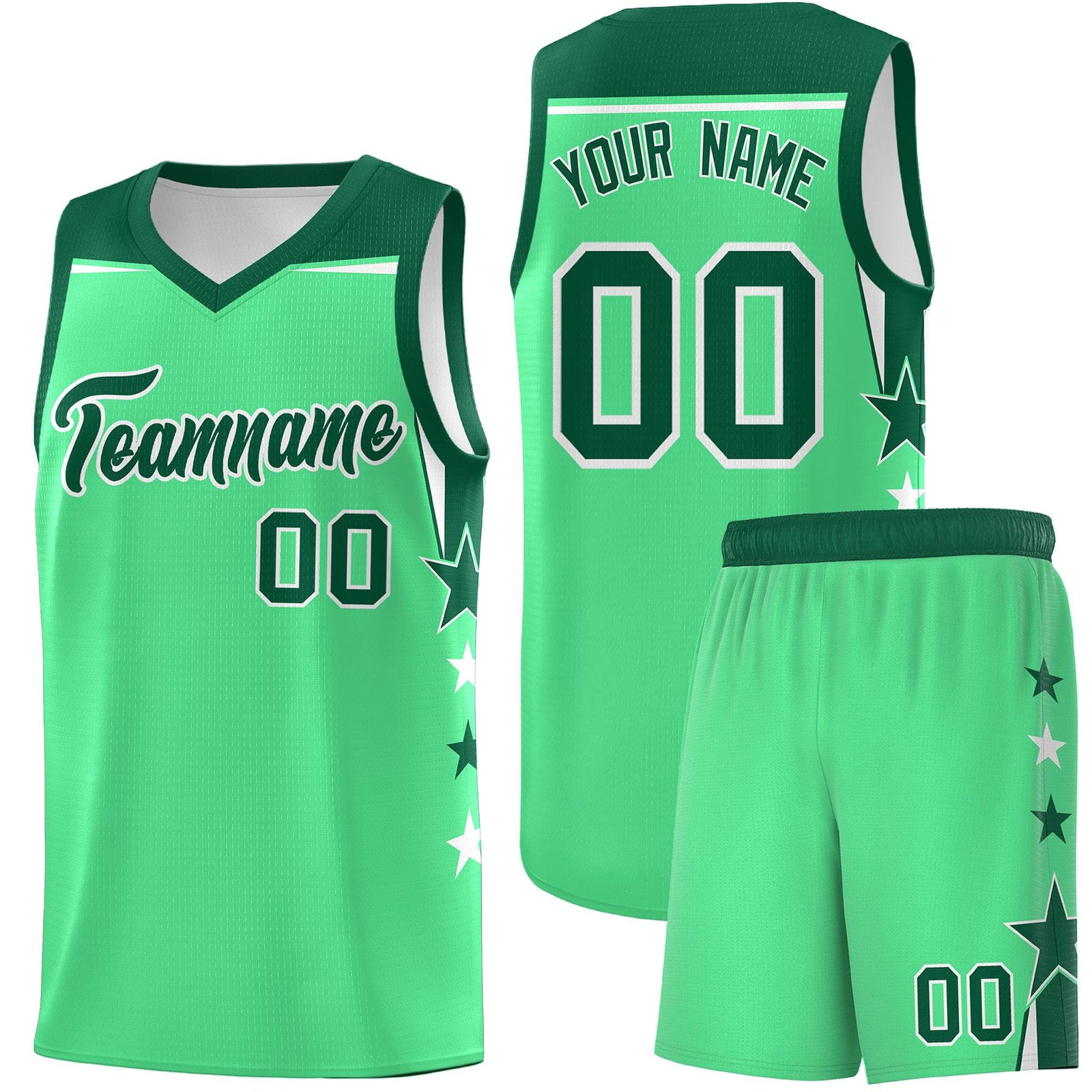 Custom Youth Basketball Uniform Green Kelly Green Two Tone Side Star Color Block Team Jersey