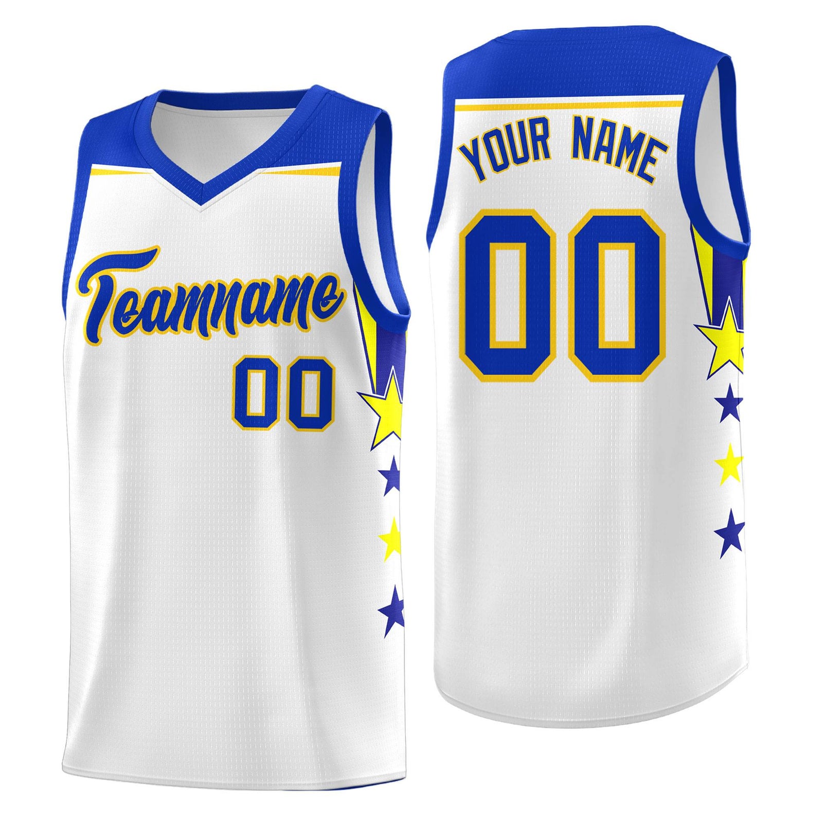 Custom Youth Basketball Uniform White Royal Two Tone Side Star Add Name Number & Logo