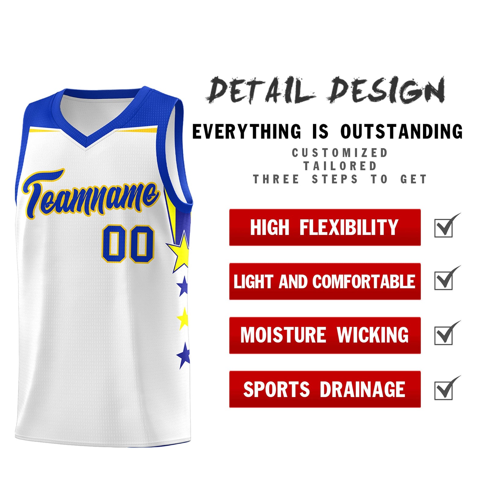 Custom Youth Basketball Uniform White Royal Two Tone Side Star Add Name Number & Logo