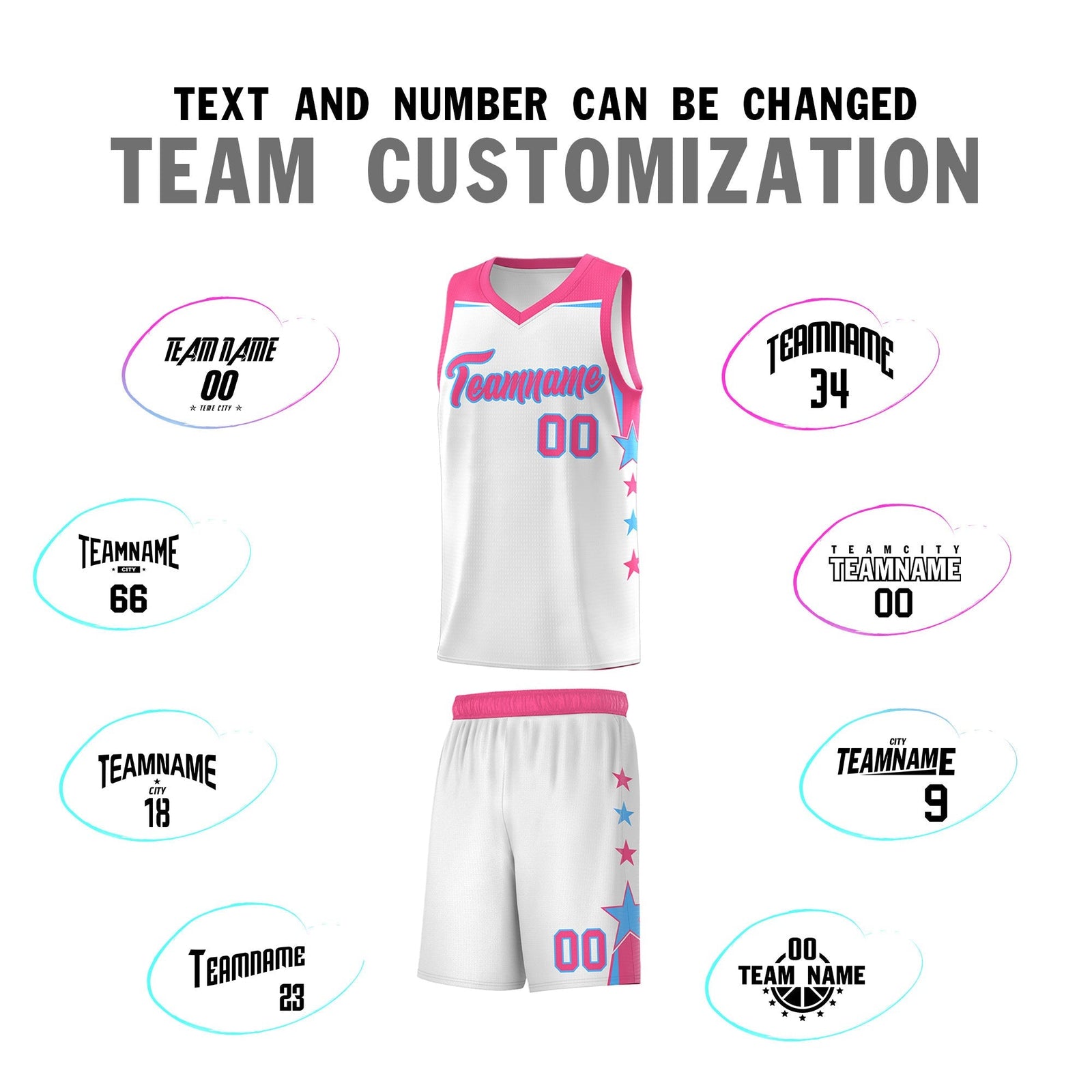 Custom Youth Basketball Uniform White Pink Two Tone Side Star Add Name Number & Logo