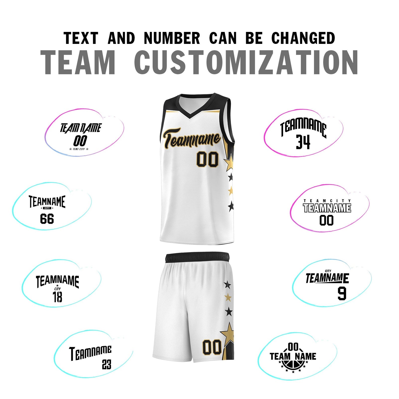Custom Youth Basketball Uniform White Black Two Tone Side Star Add Name Number & Logo