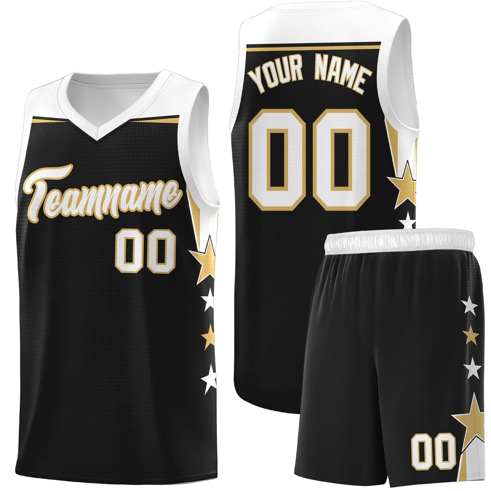 Custom Youth Basketball Uniform Black White Two Tone Side Star Personalized Team Jersey