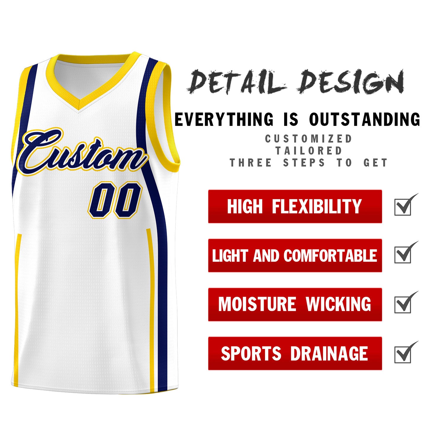 Custom White Navy-Gold Ribbon Pattern Basketball Kits