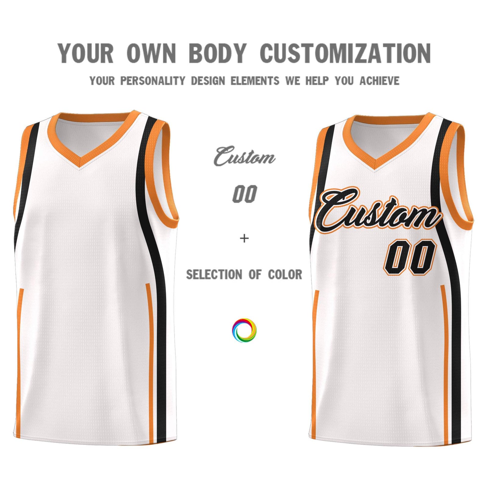 Custom White Gold Orange-Black Ribbon Pattern Basketball Kits