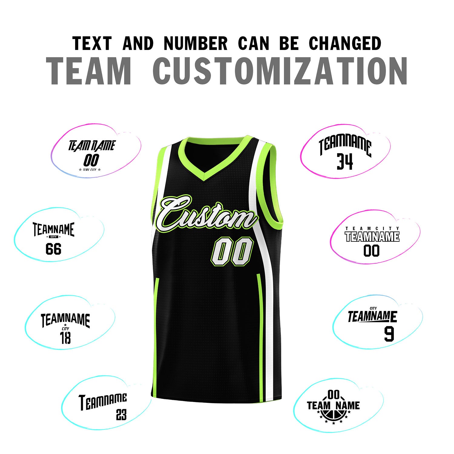 Custom Black Fluorescent Green-White Ribbon Pattern Basketball Kits