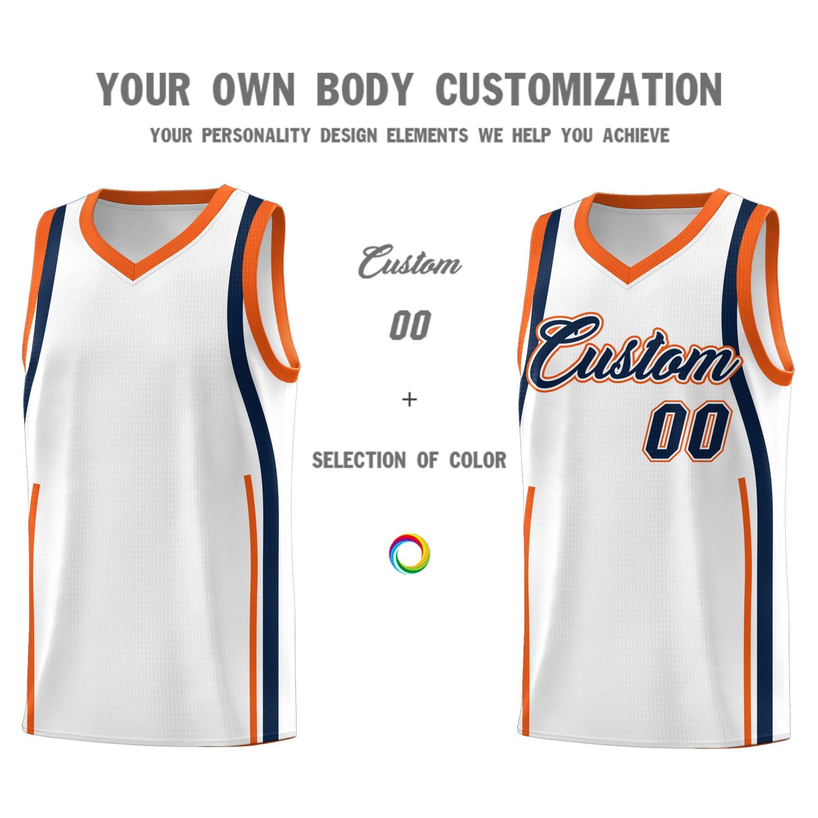 Custom White Navy-Orange Ribbon Pattern Basketball Kits