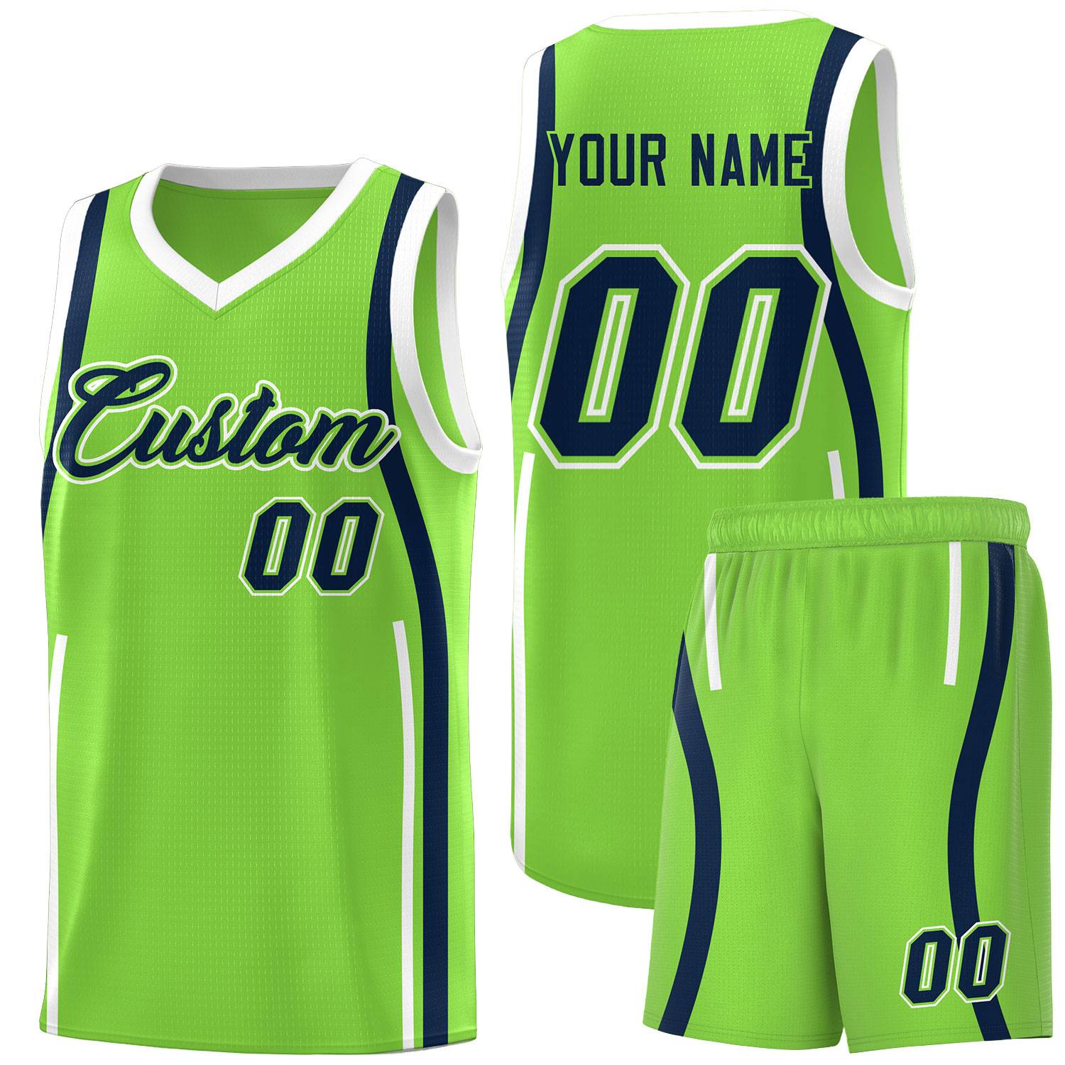 Custom Fluorescent Green Navy-White Ribbon Pattern Basketball Kits