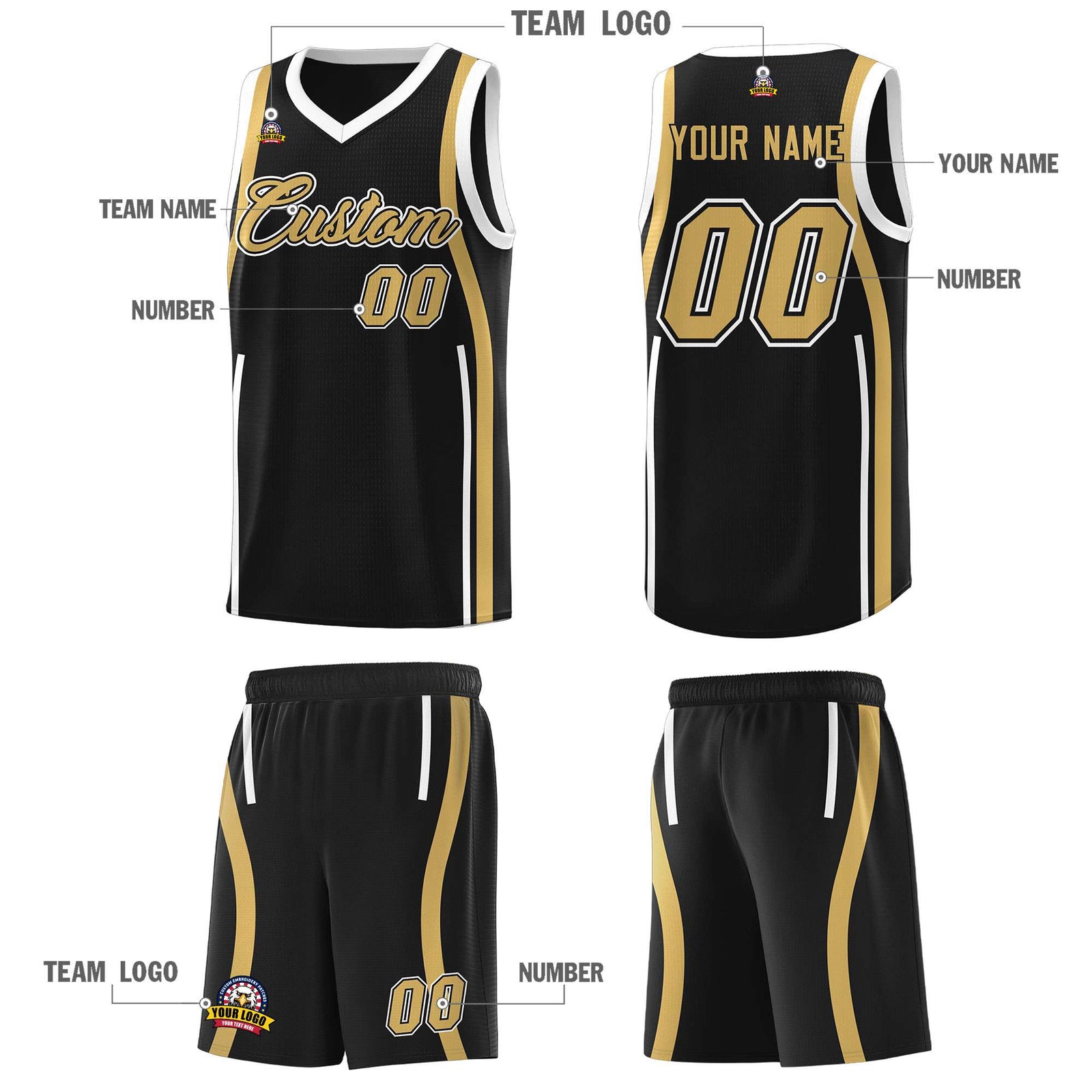 Custom Black Old Gold-White Ribbon Pattern Basketball Kits