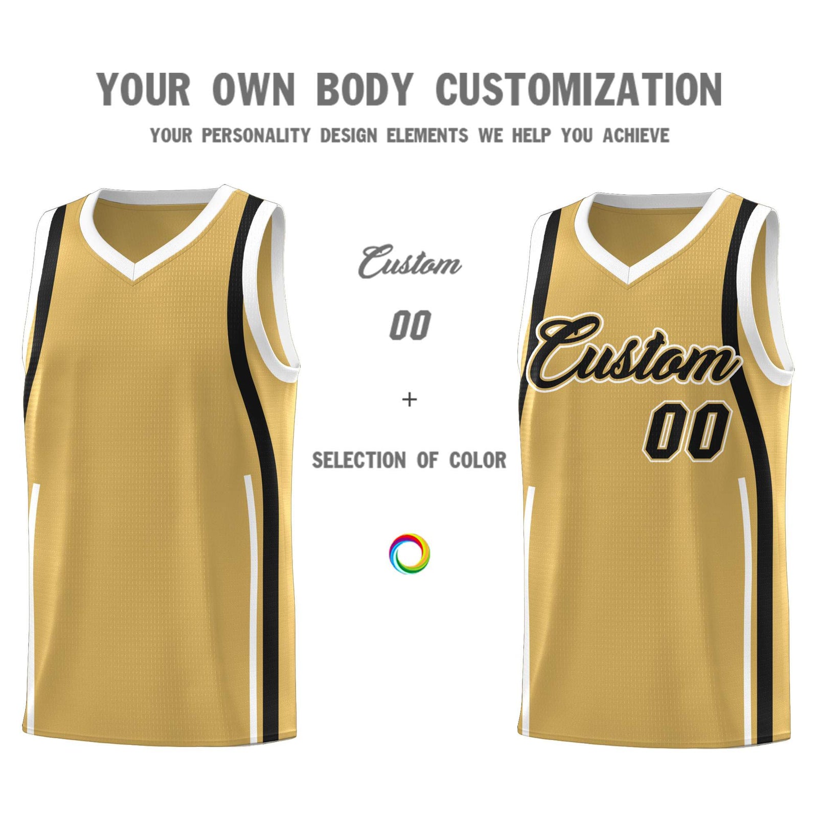 Custom Old Gold Black-White Ribbon Pattern Basketball Kits