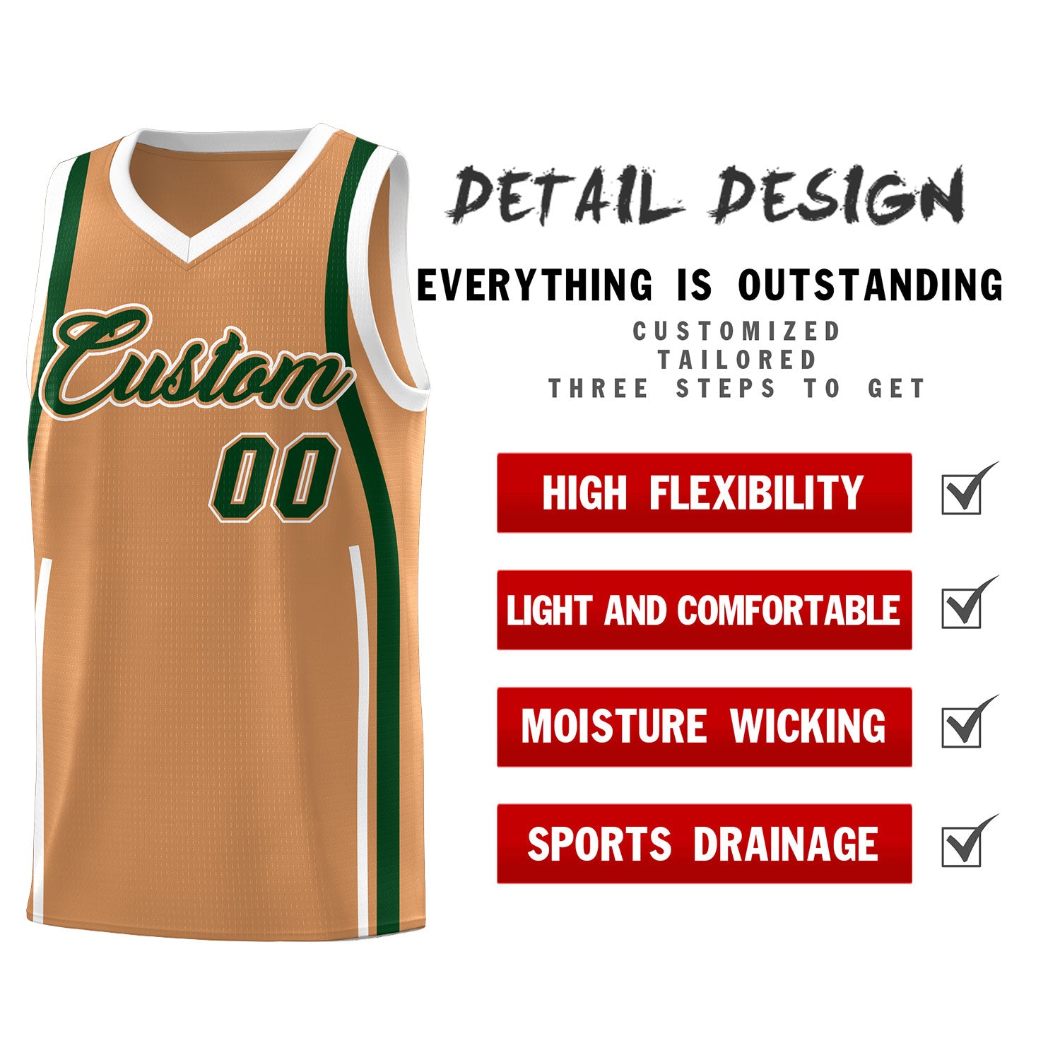 Custom Buckskin Brown Green-White Ribbon Pattern Basketball Kits