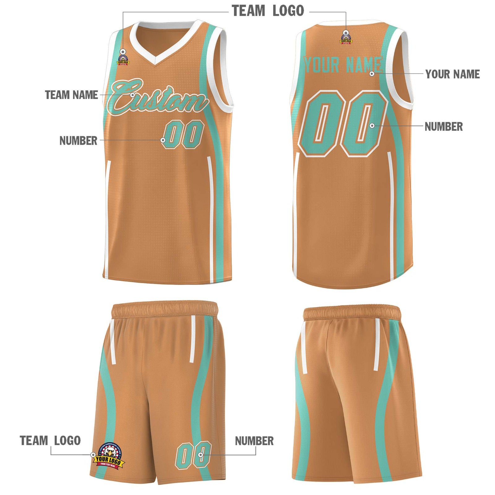 Custom Buckskin Brown Bright Green-White Ribbon Pattern Basketball Kits