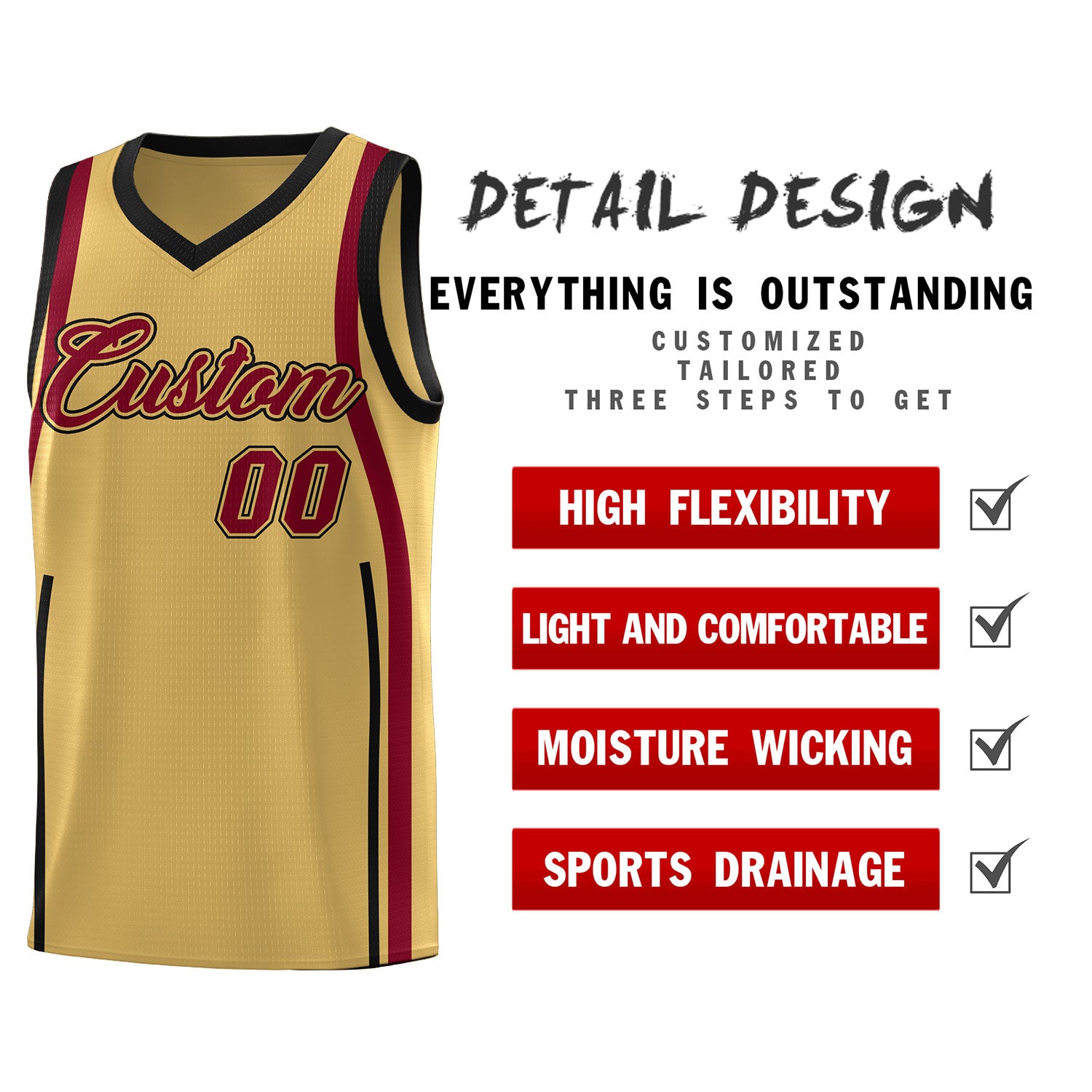 Custom Old Gold Crimson-Black Ribbon Pattern Basketball Kits