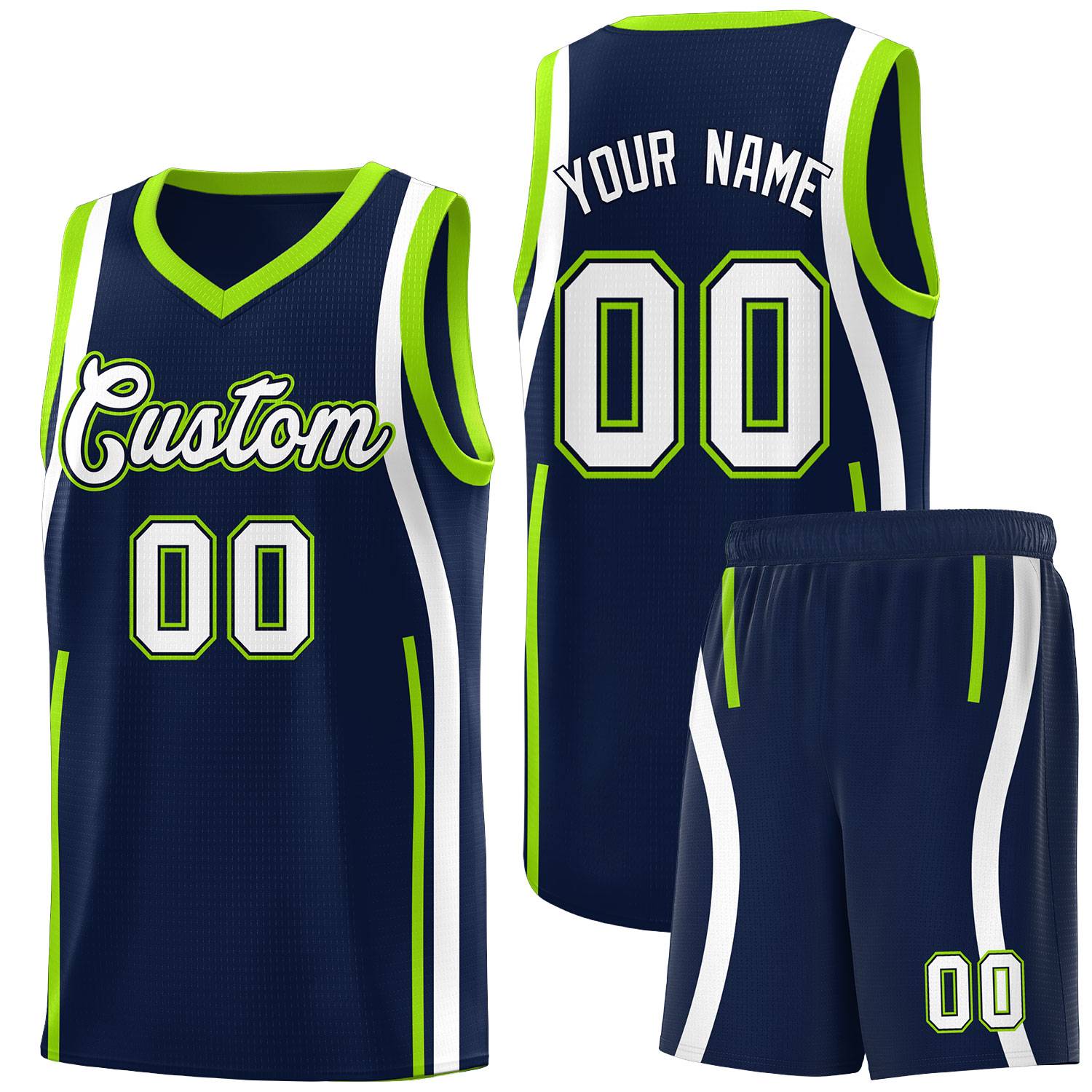 Custom Navy White AND Fluorescent Green Basketball Jersey