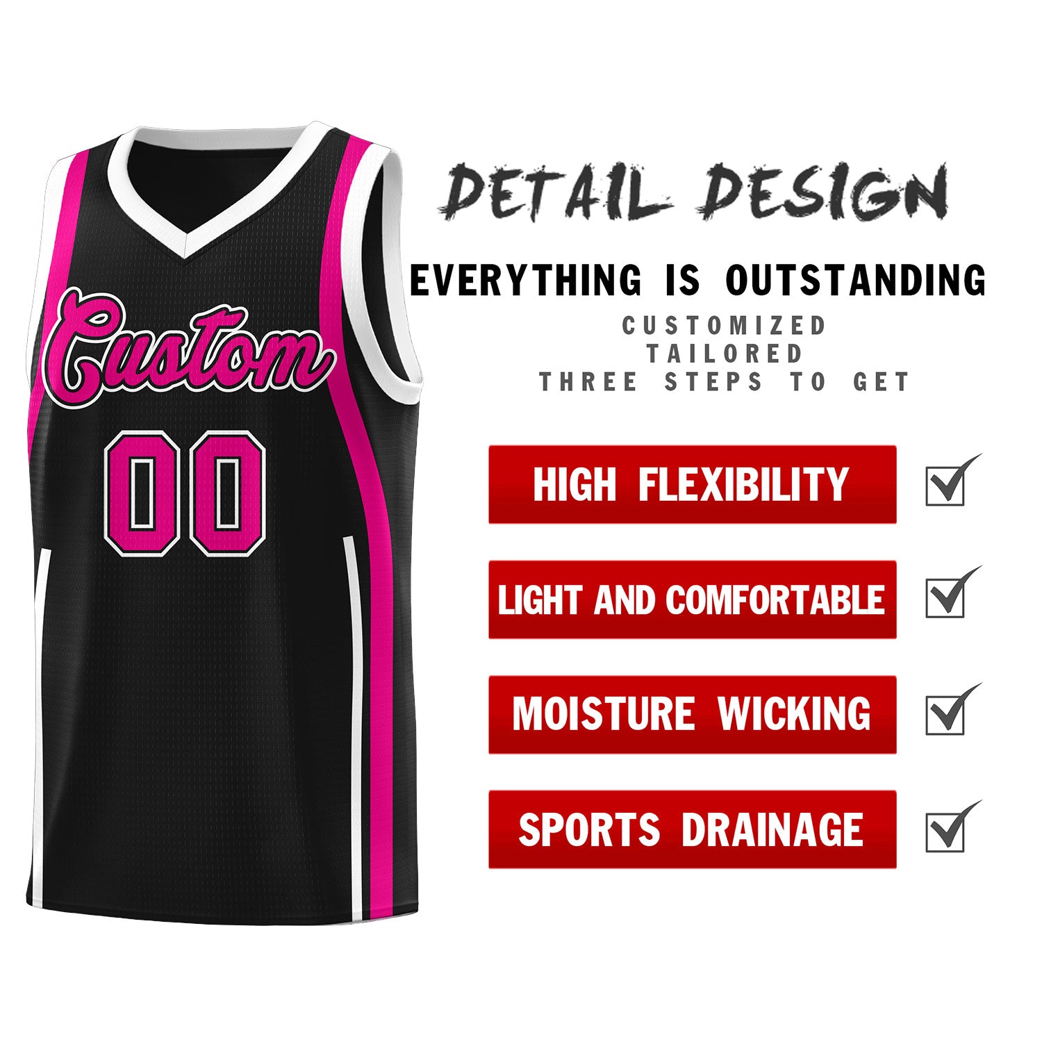 Custom Black Pink AND White Basketball Jersey