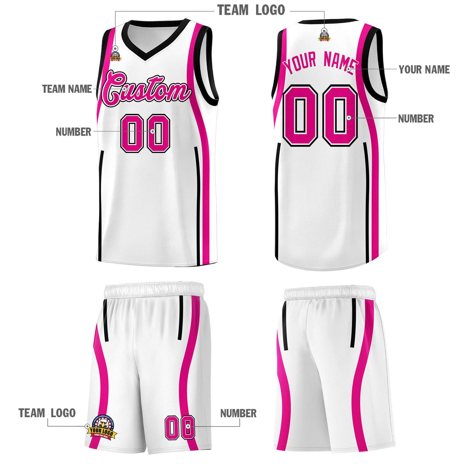 Custom White Pink AND Black Basketball Jersey