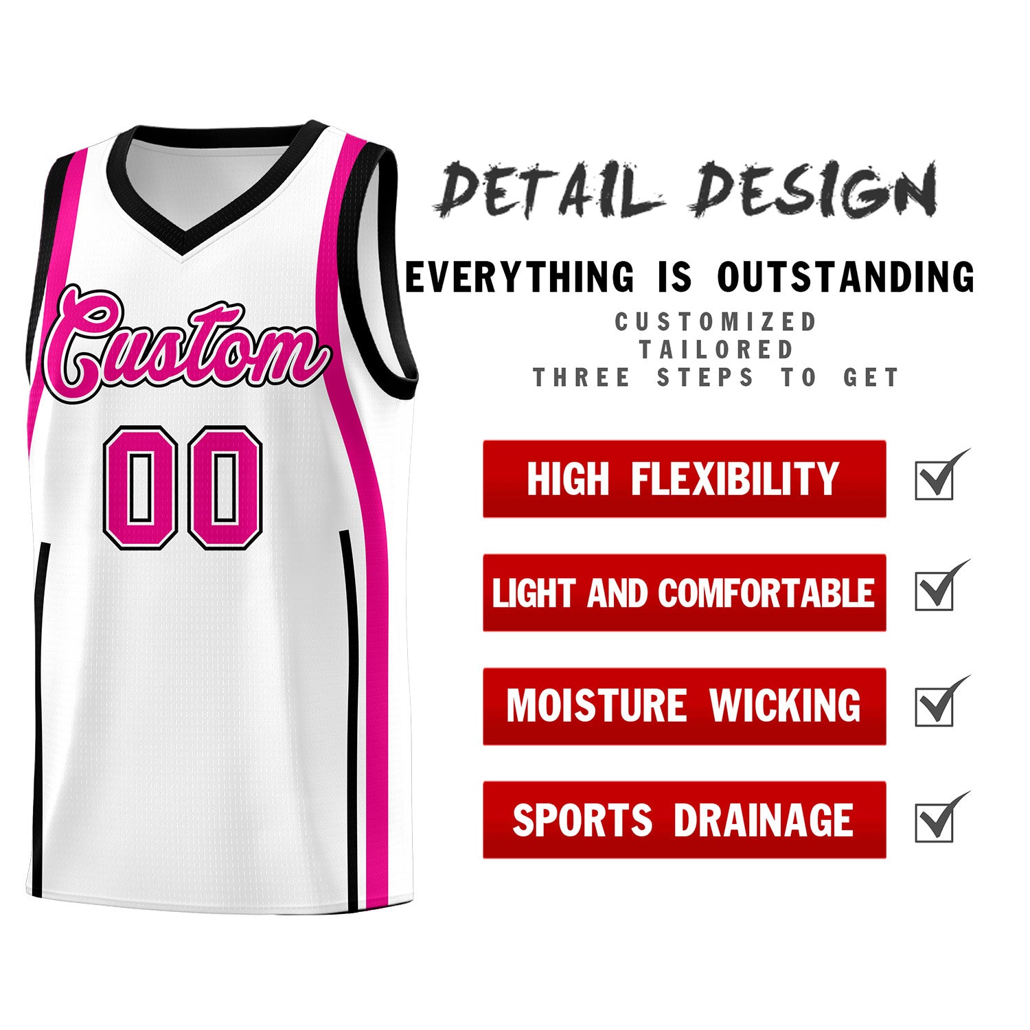 Custom White Pink AND Black Basketball Jersey