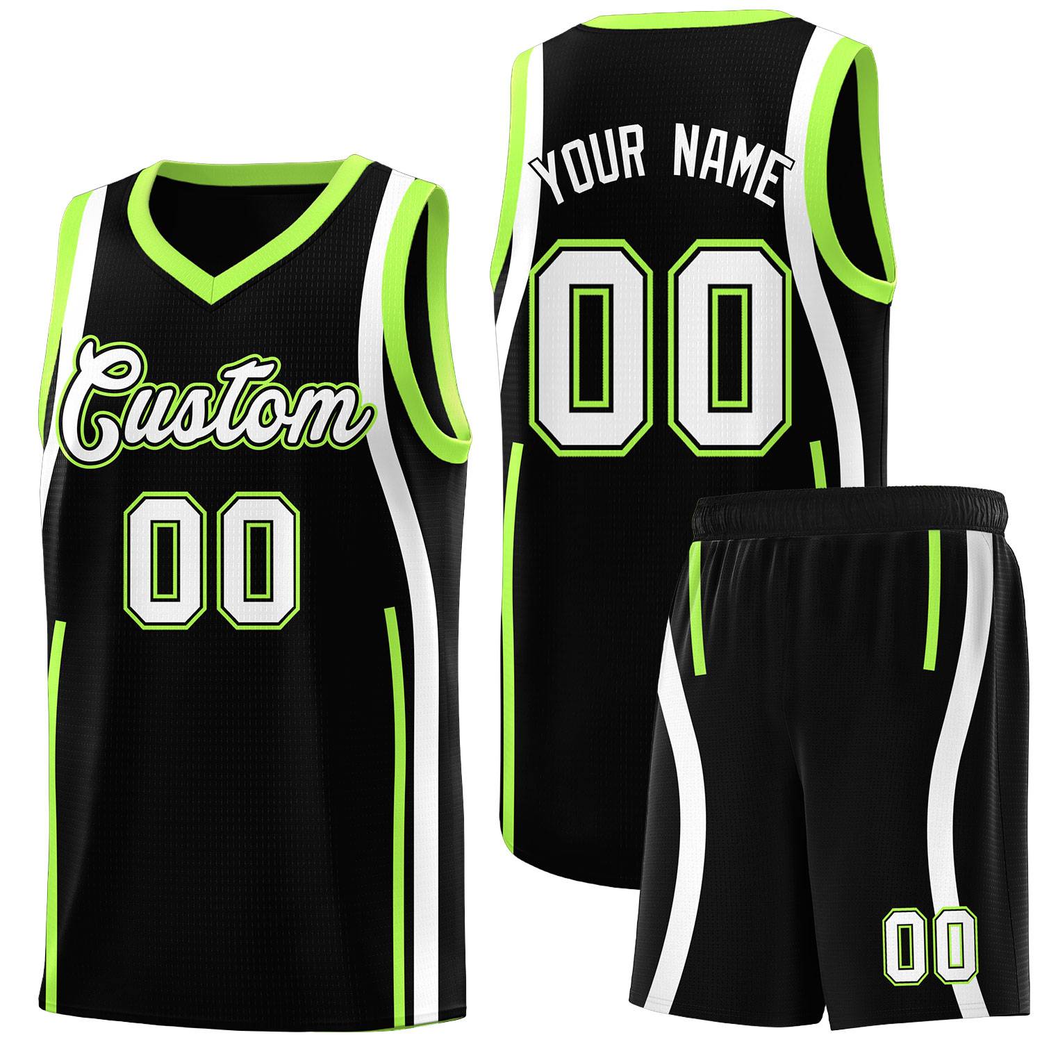 Custom Black Fluorescent Green AND White Basketball Jersey