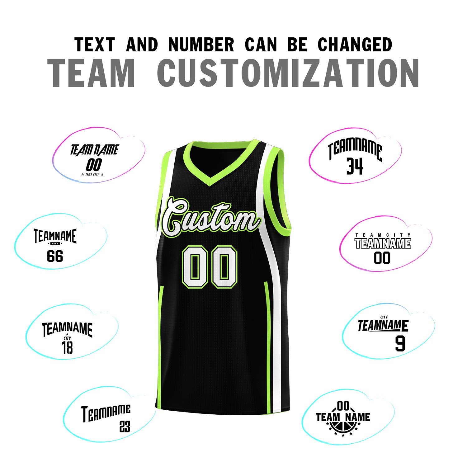 Custom Black Fluorescent Green AND White Basketball Jersey