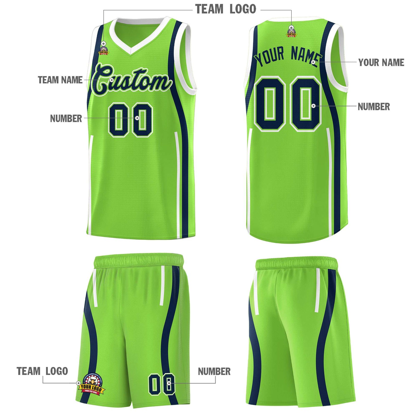 Custom Fluorescent Green Navy AND White Basketball Jersey