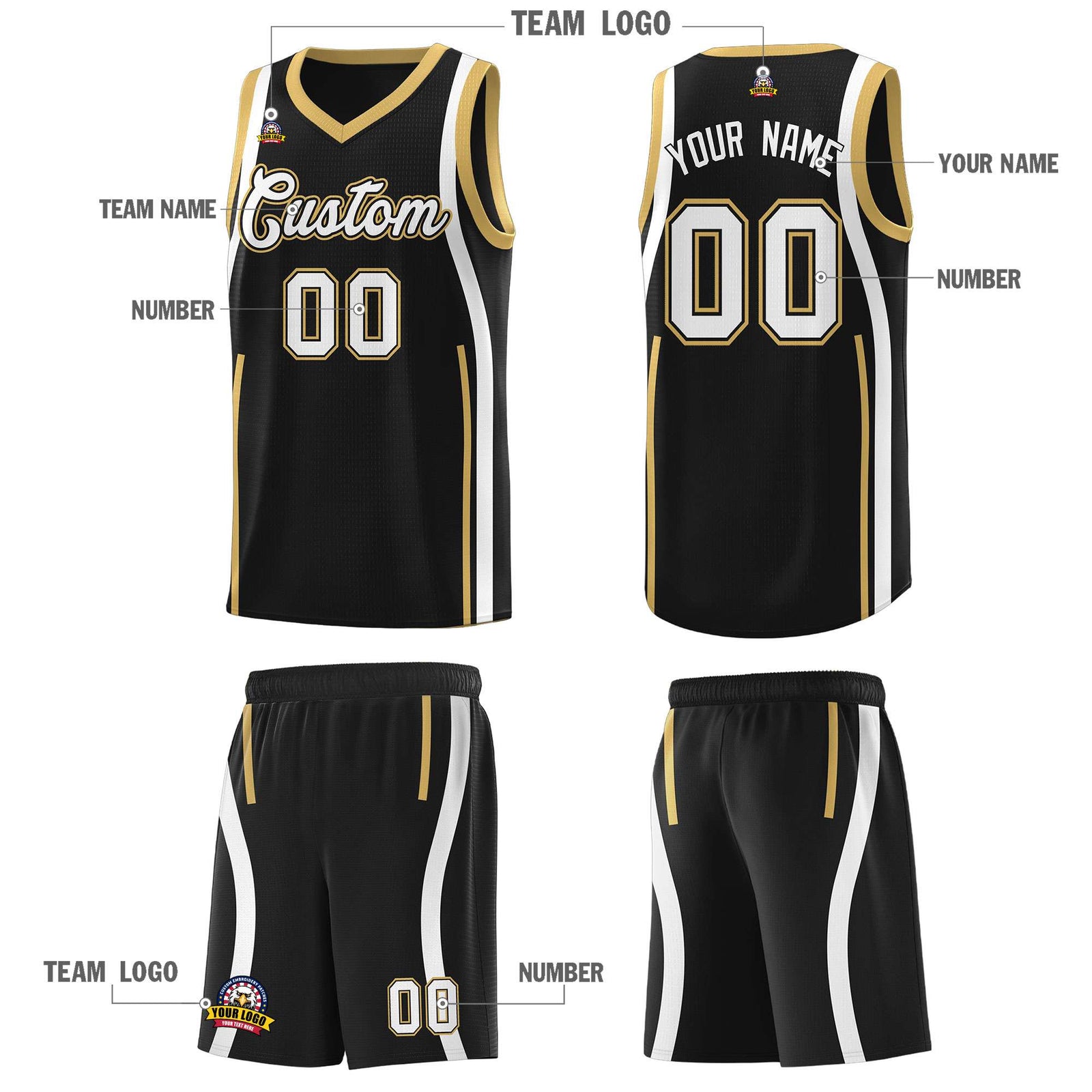 Custom Black Old Gold AND White Basketball Jersey
