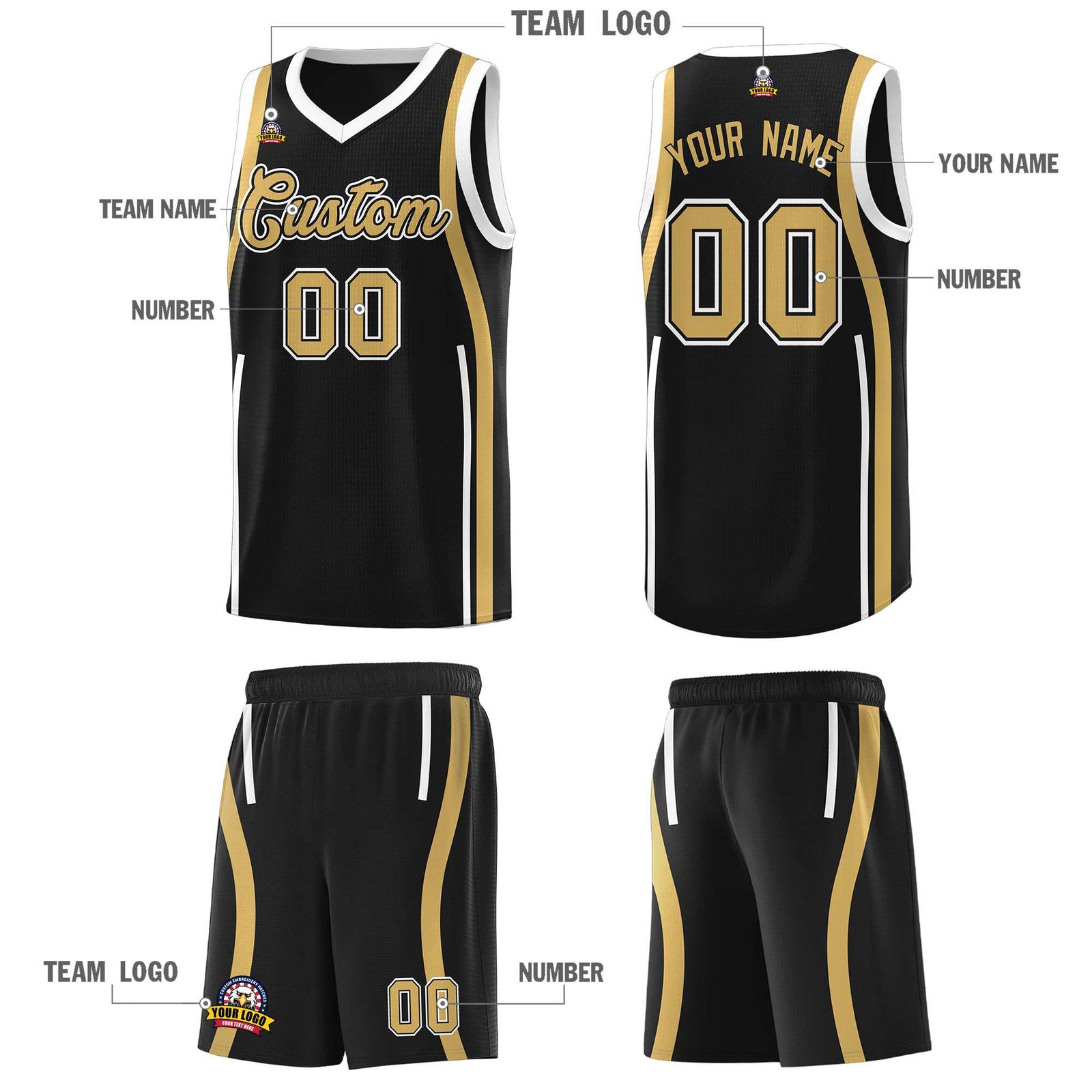 Custom Black Old Gold AND White Basketball Jersey