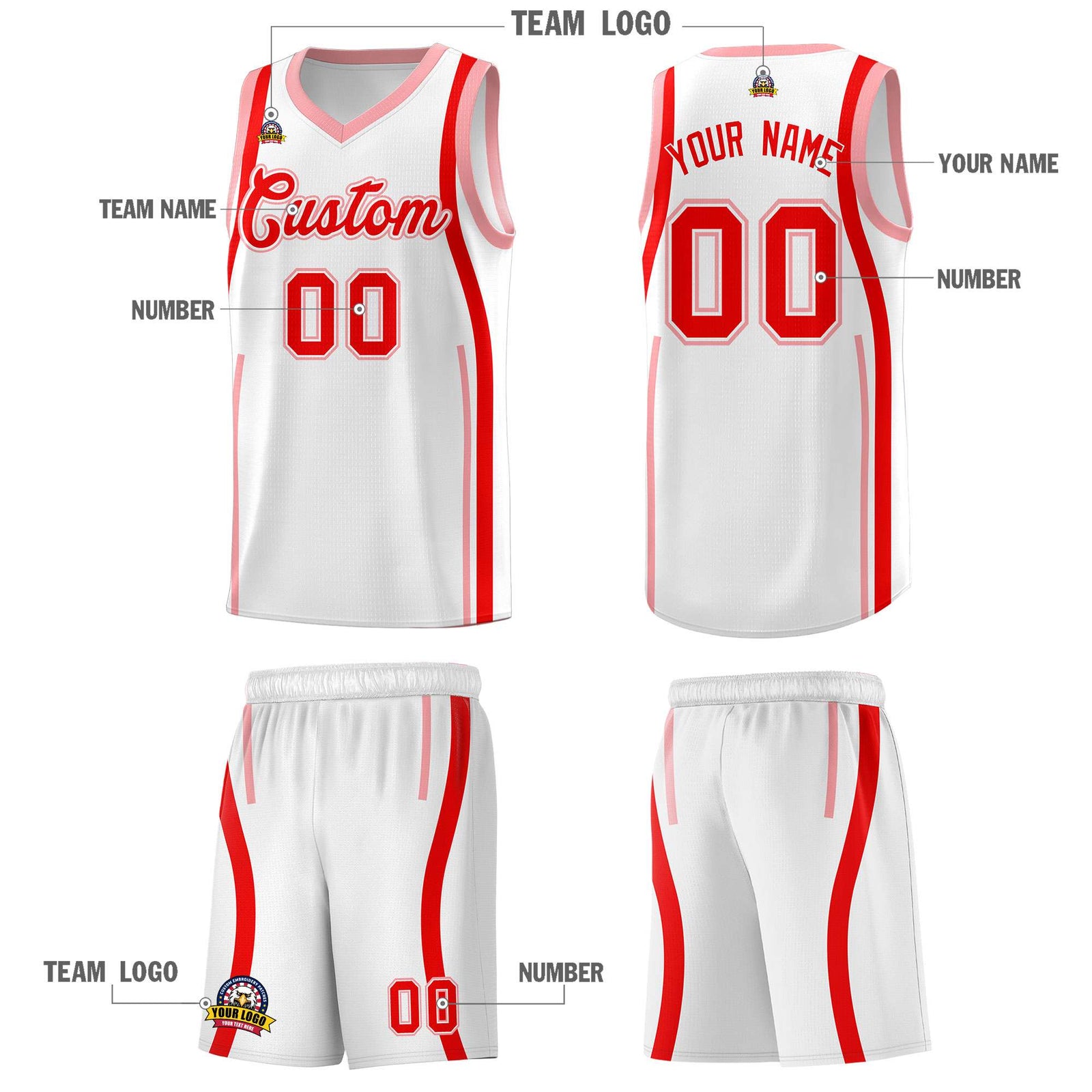 Custom White Light Red AND Light Pink Basketball Jersey