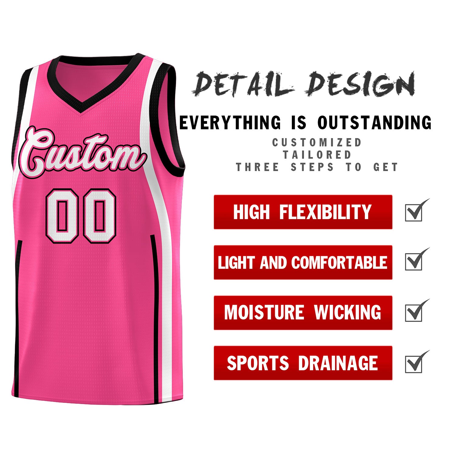 Custom Pink Black AND White Basketball Jersey