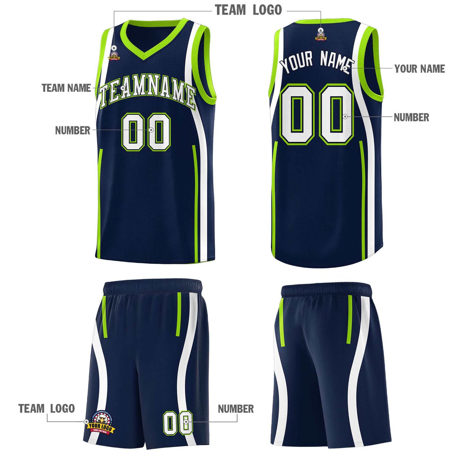 Custom Navy White-Fluorescent Green Ribbon Pattern Basketball Kits