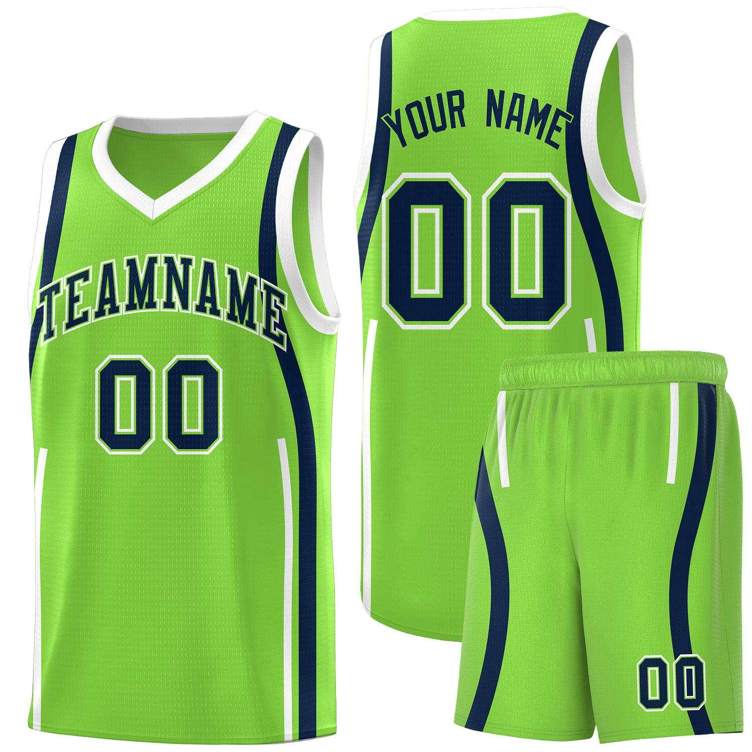 Custom Fluorescent Green Navy-White Ribbon Pattern Basketball Kits