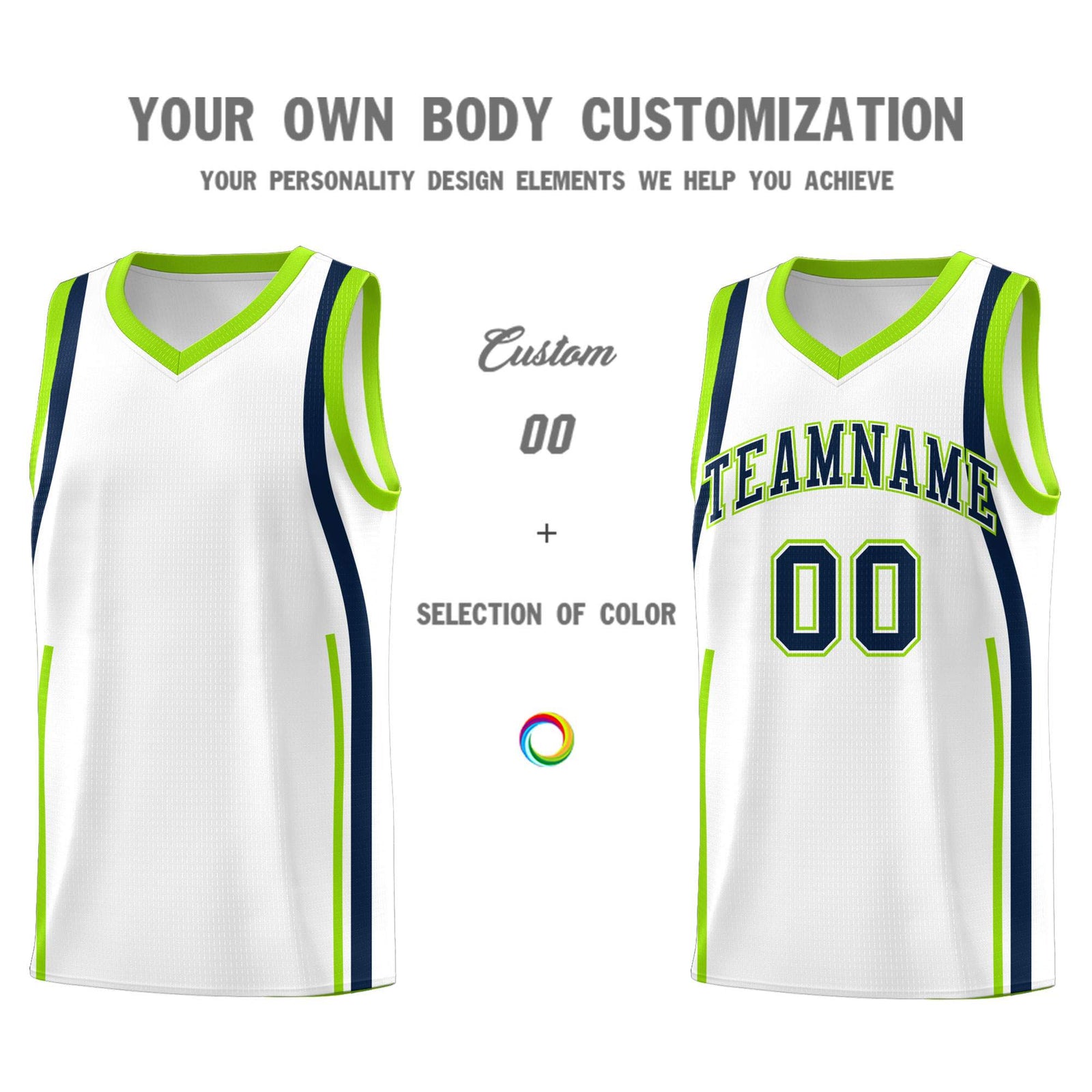 Custom White Fluorescent Green-Navy Ribbon Pattern Basketball Kits
