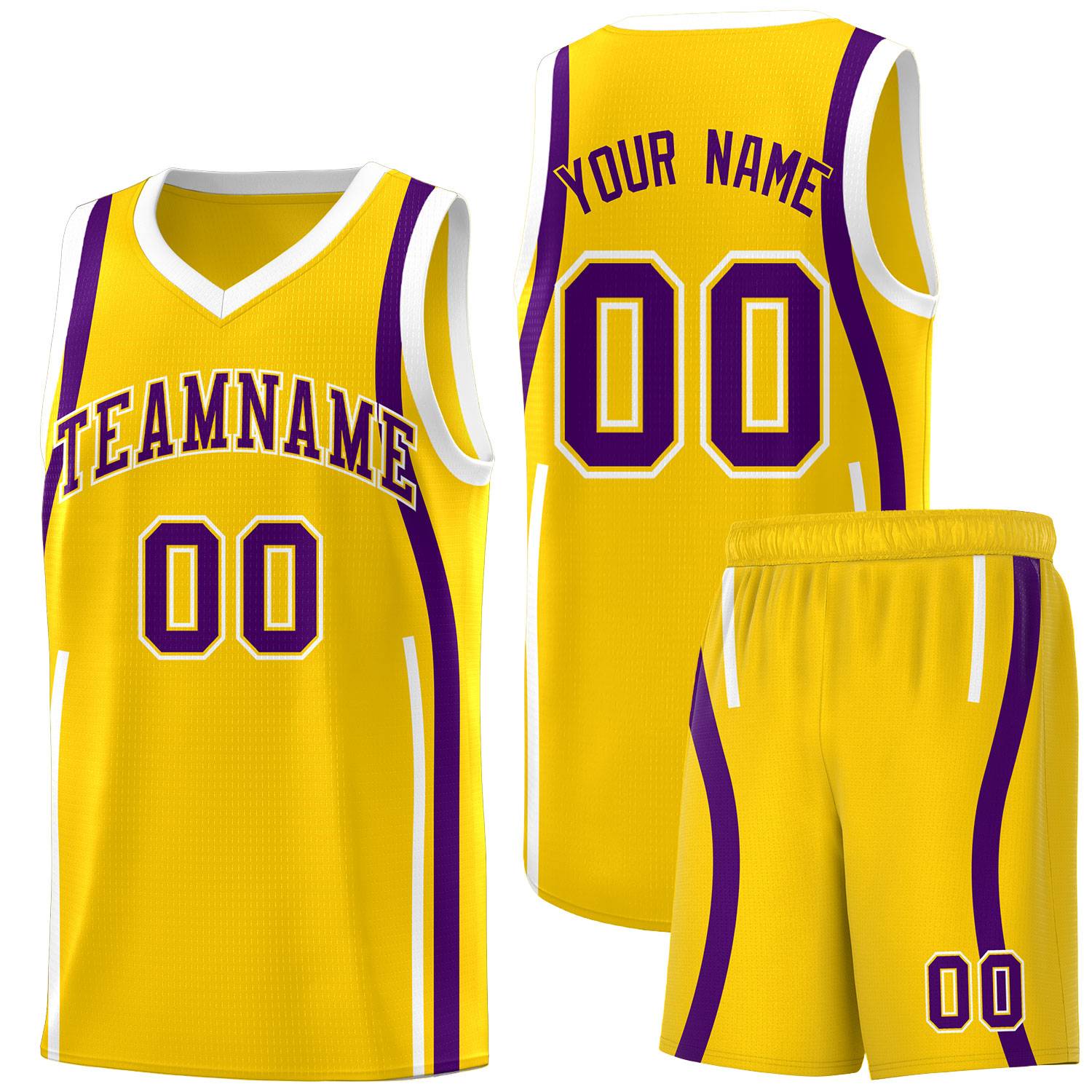 Custom Gold Purple-White Ribbon Pattern Basketball Kits
