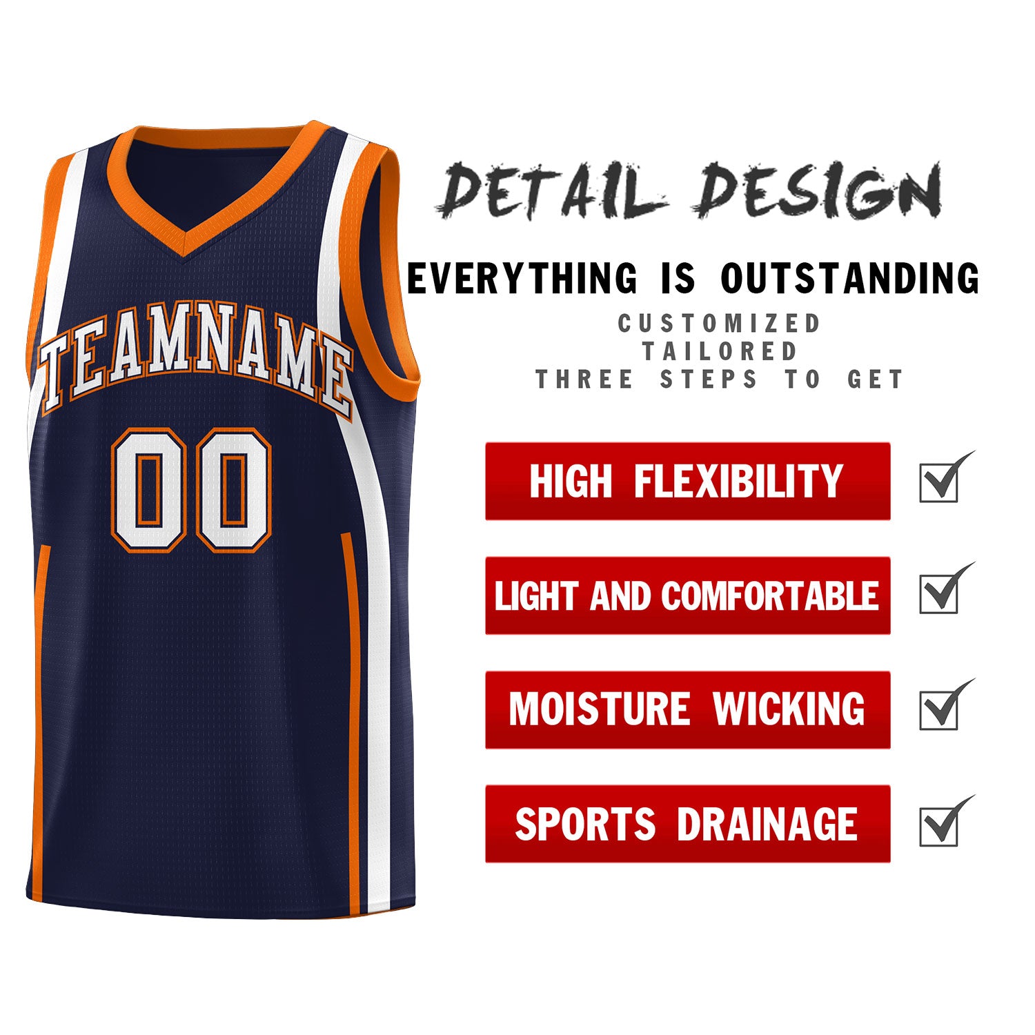 Custom Navy Orange-White Ribbon Pattern Basketball Kits