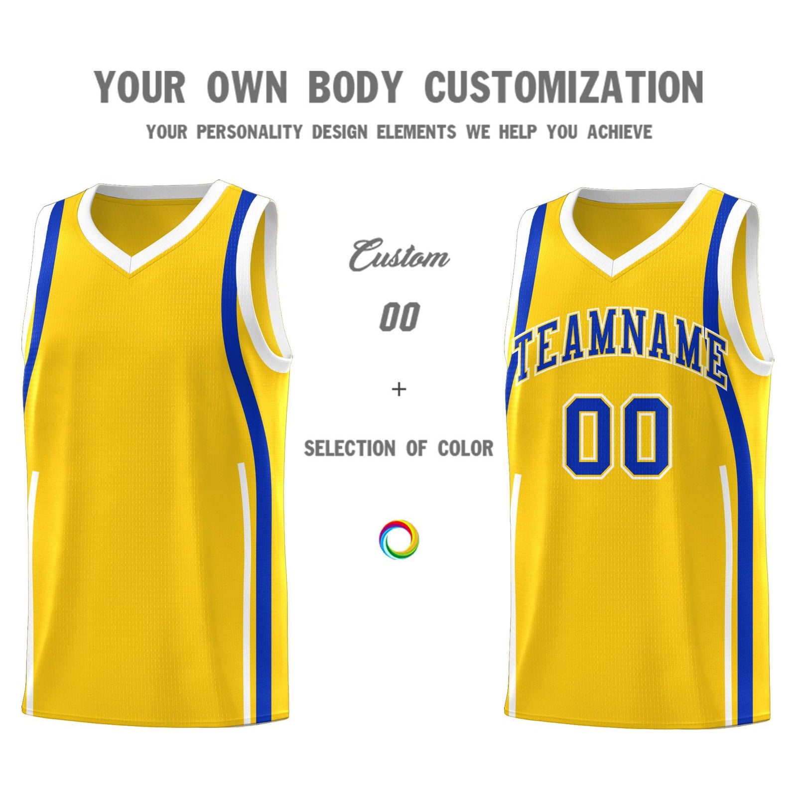 Custom Gold Royal-White Ribbon Pattern Basketball Kits