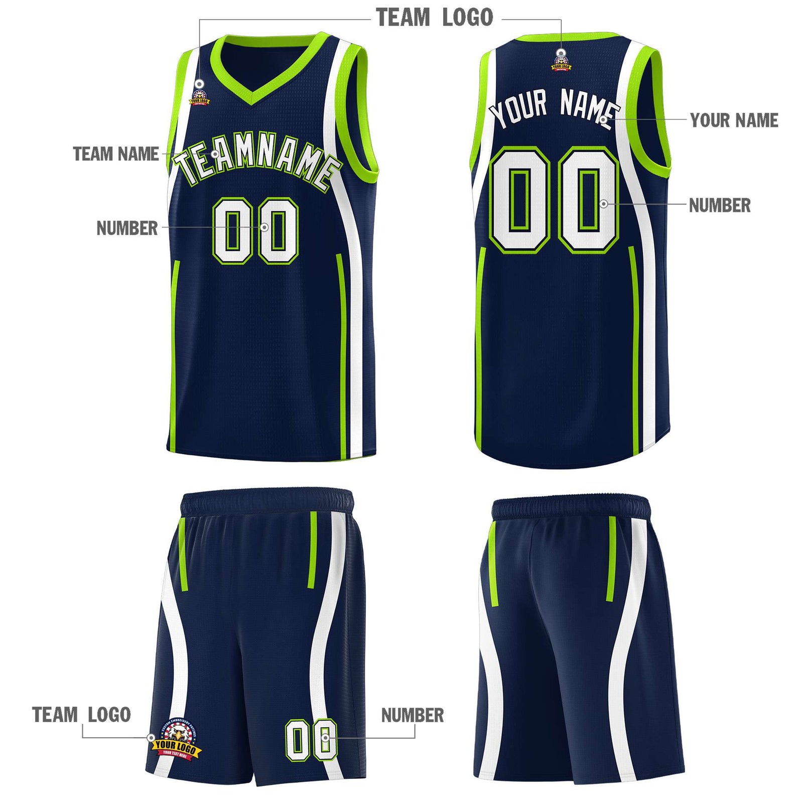 Custom Navy White-Fluorescent Green Ribbon Pattern Basketball Kits