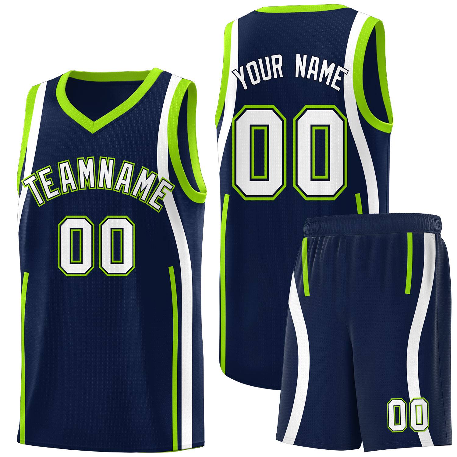 Custom Navy White-Fluorescent Green Ribbon Pattern Basketball Kits