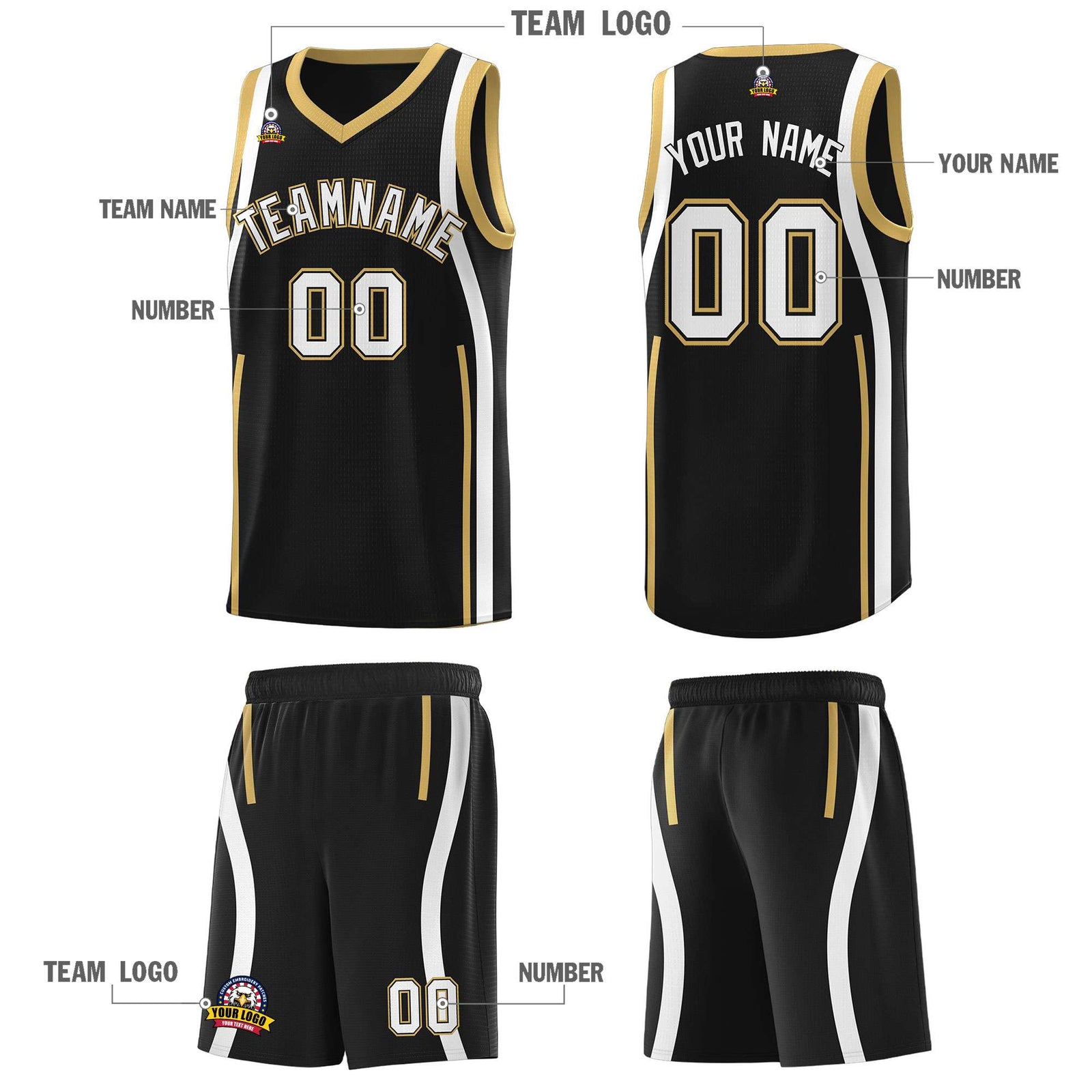 Custom Black Old Gold-White Ribbon Pattern Basketball Kits