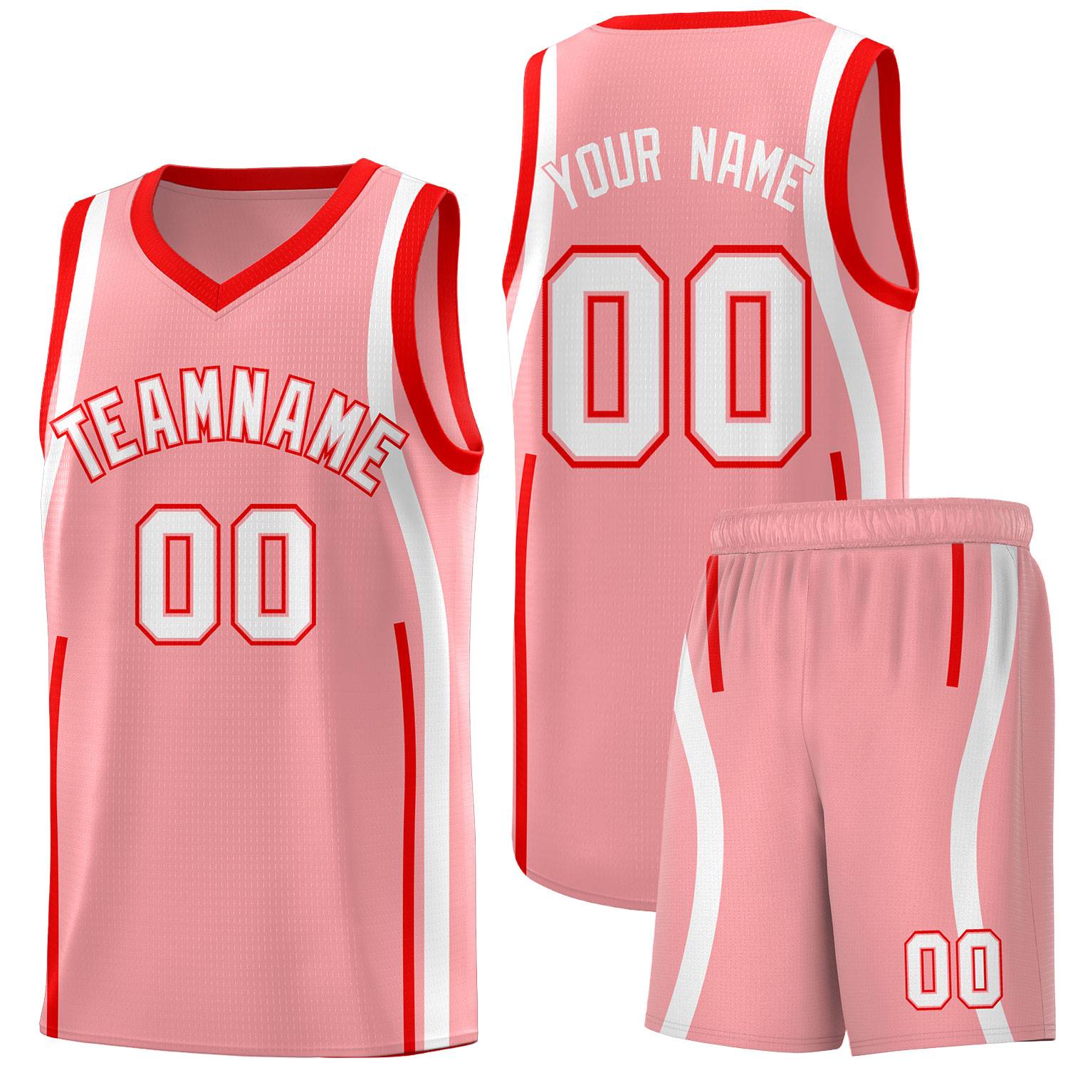 Custom Light Pink Light Red-White Ribbon Pattern Basketball Kits