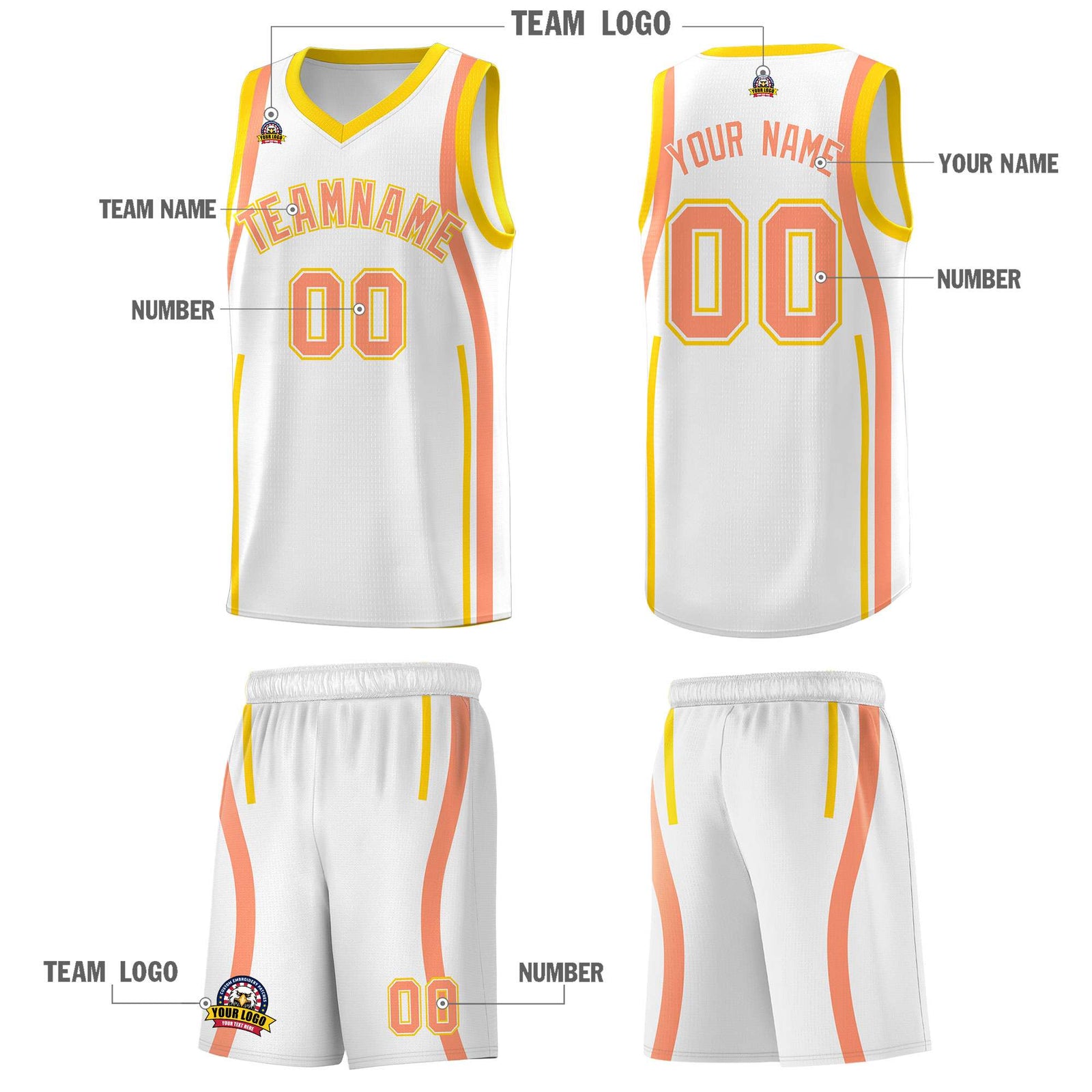 Custom White Light Orange-Gold Ribbon Pattern Basketball Kits