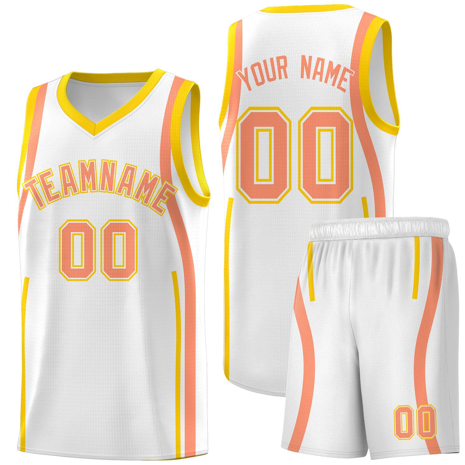 Custom White Light Orange-Gold Ribbon Pattern Basketball Kits