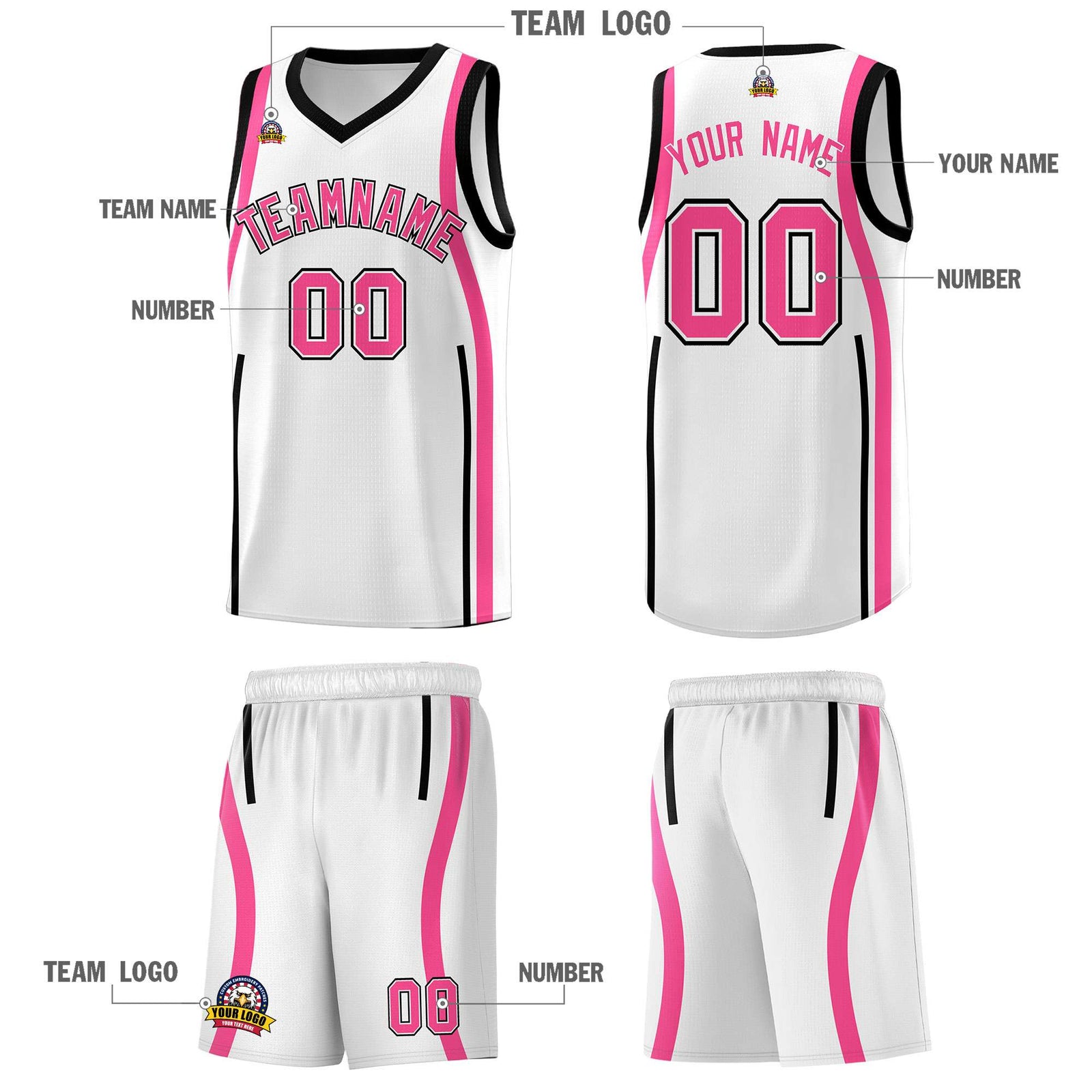 Custom White Pink-Black Ribbon Pattern Basketball Kits