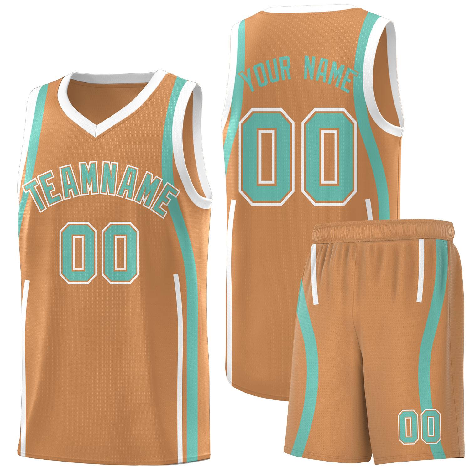 Custom Buckskin Brown Bright Green-White Ribbon Pattern Basketball Kits