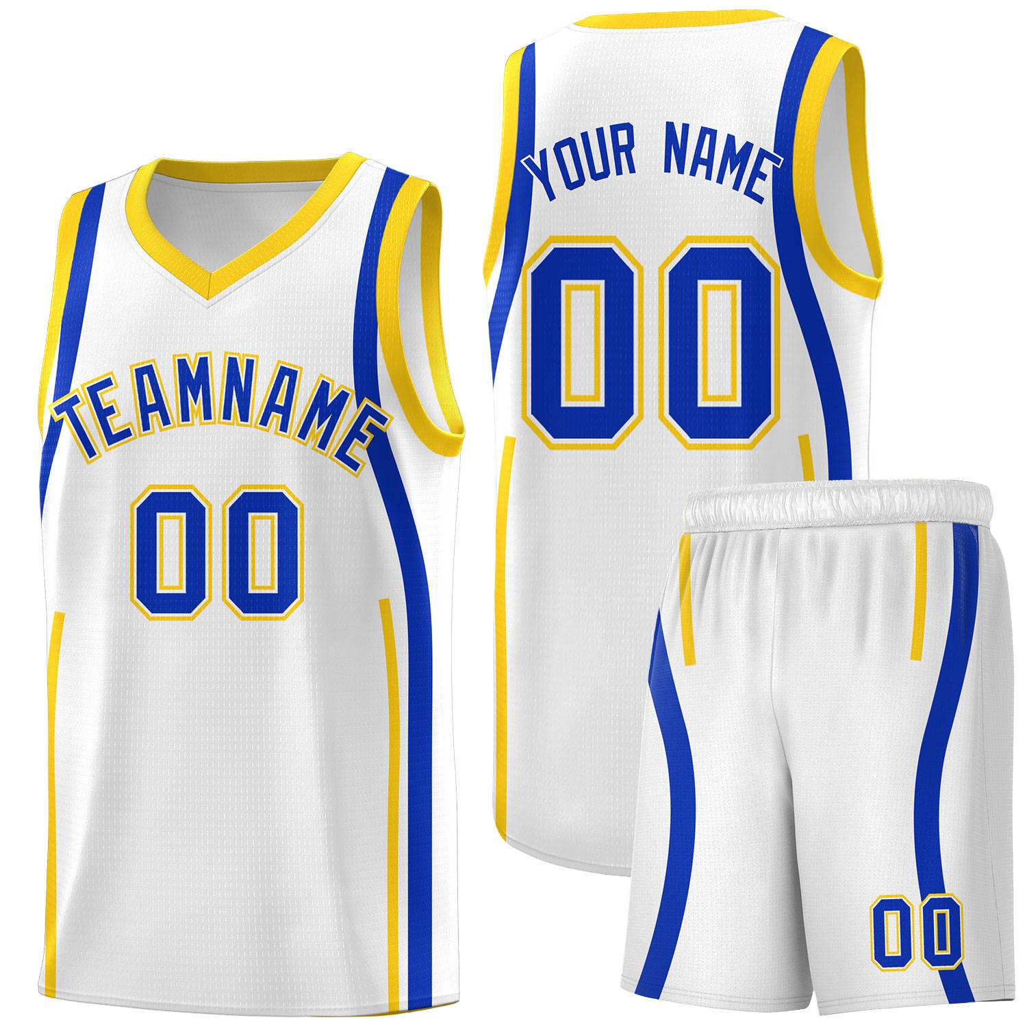 Custom White Royal-Gold Ribbon Pattern Basketball Kits